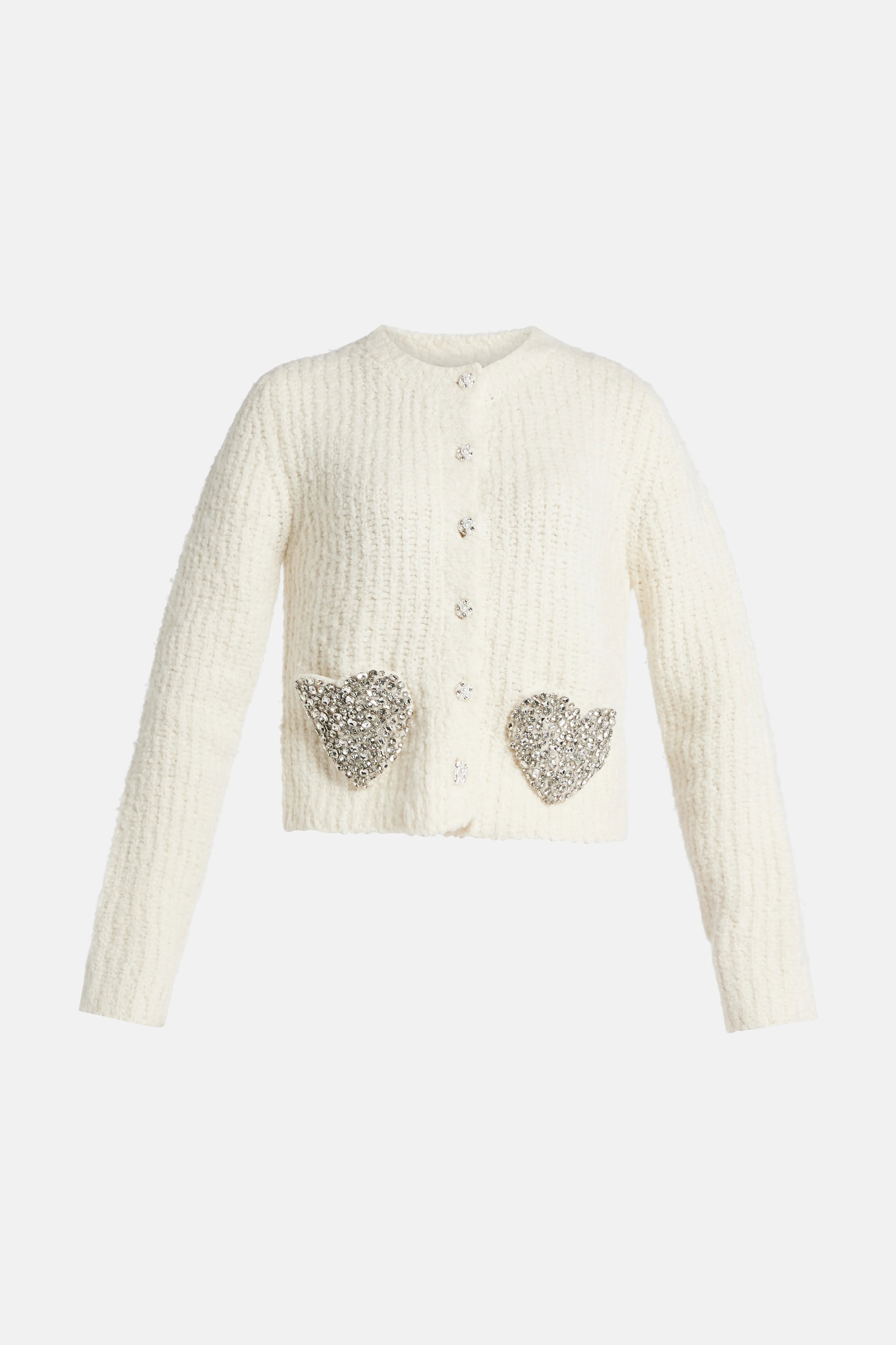 Embellished Boucle Leocadia Knit Cardigan in Cream/ Silver