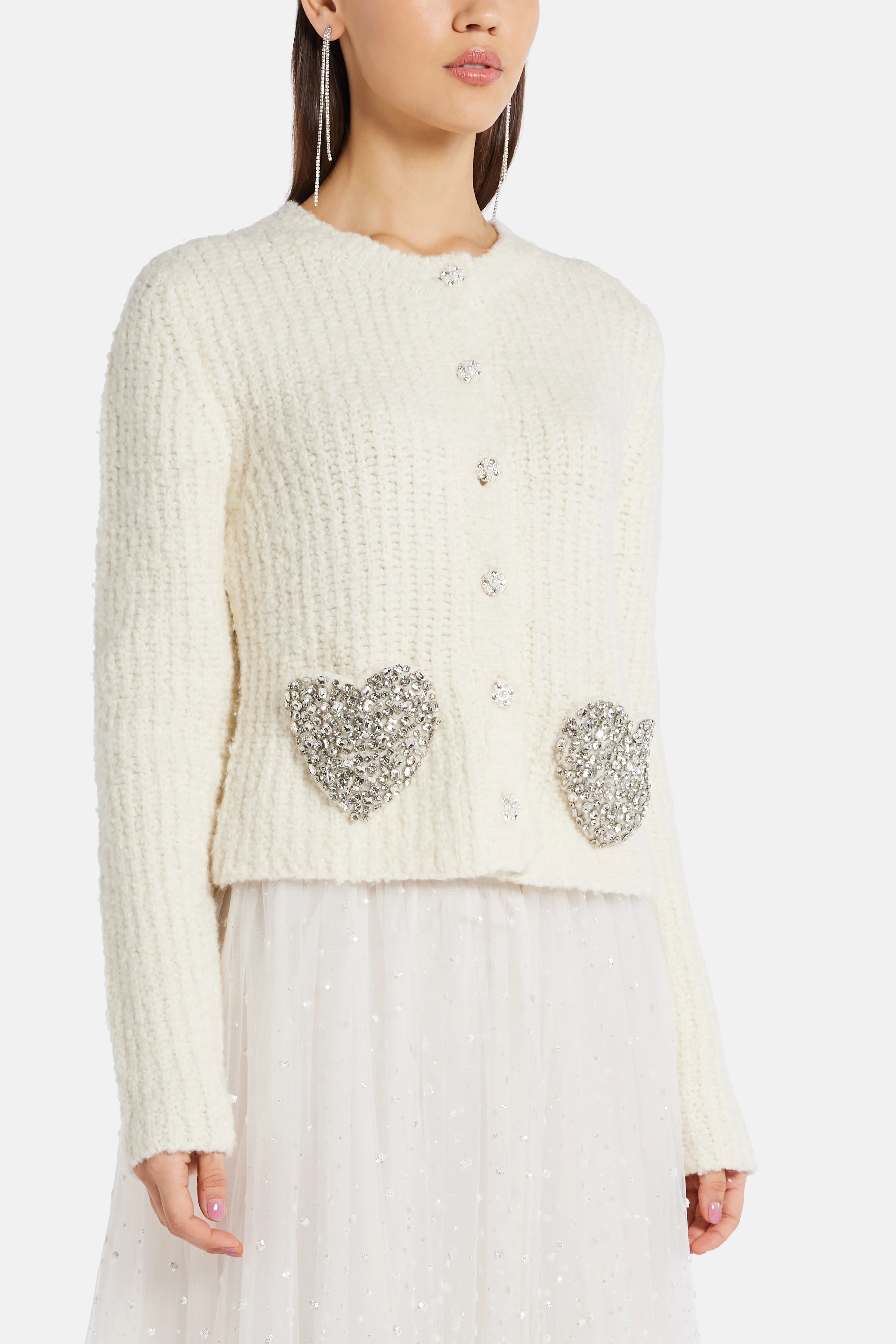 Embellished Boucle Leocadia Knit Cardigan in Cream/ Silver