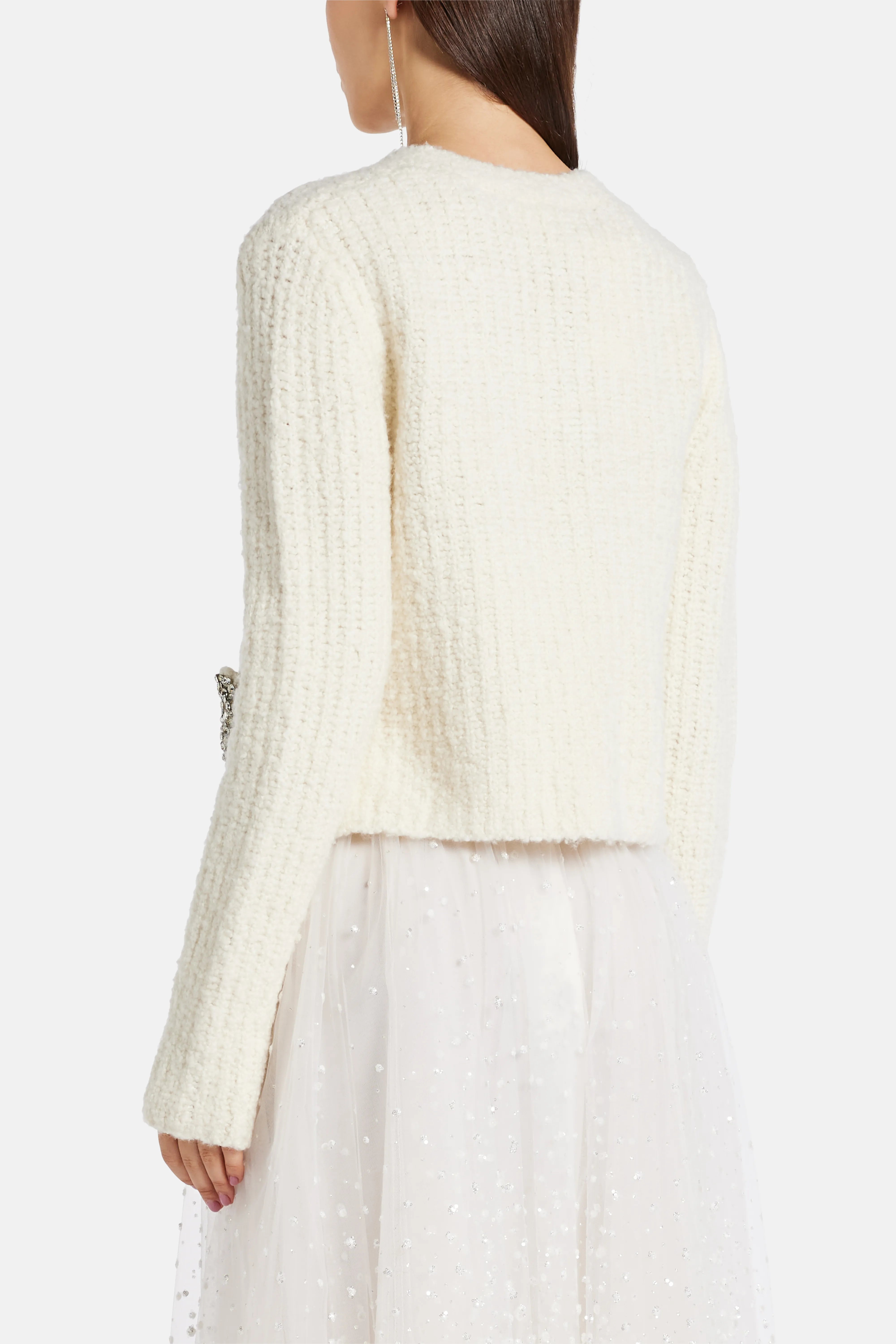 Embellished Boucle Leocadia Knit Cardigan in Cream/ Silver