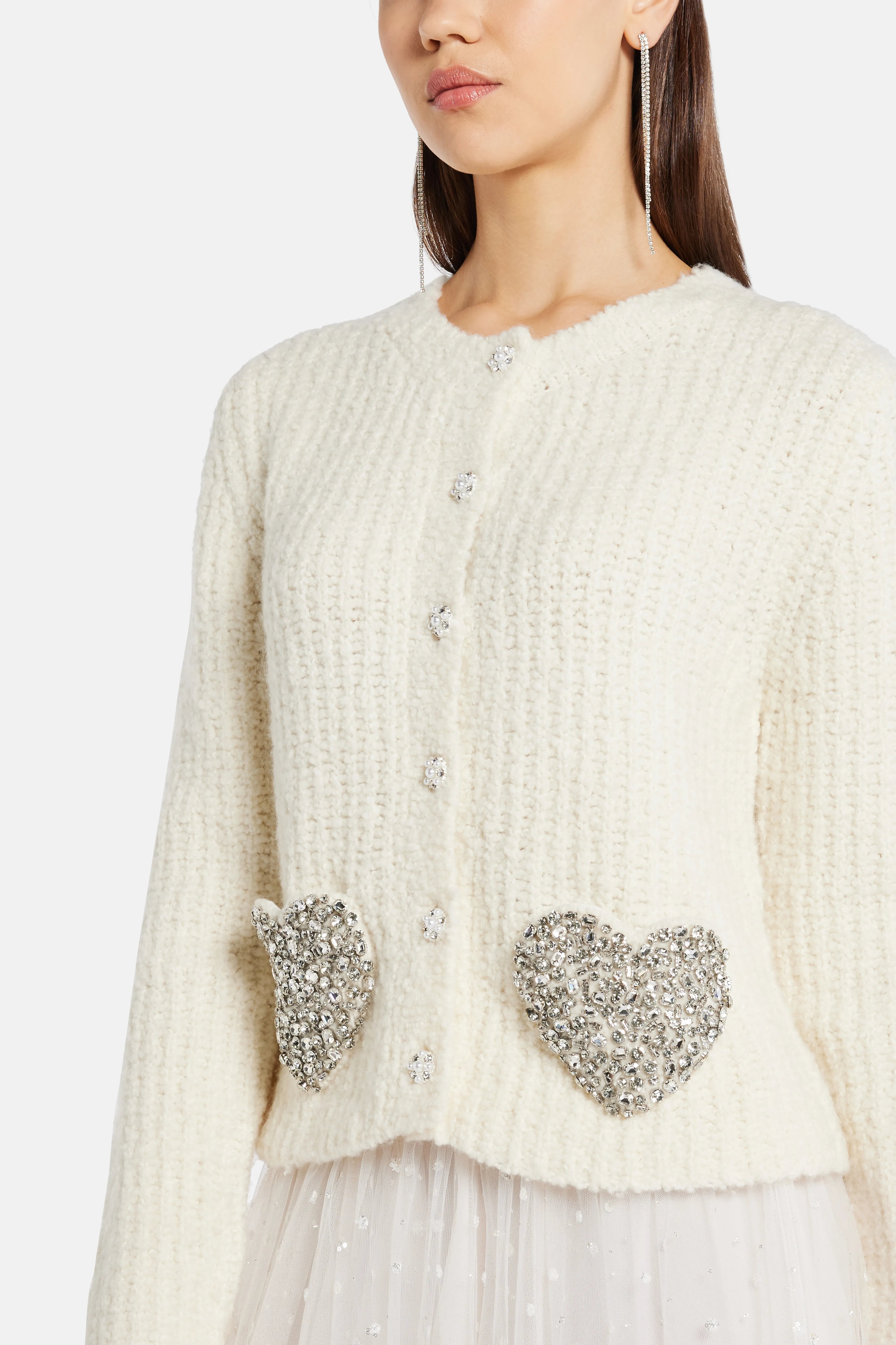 Embellished Boucle Leocadia Knit Cardigan in Cream/ Silver