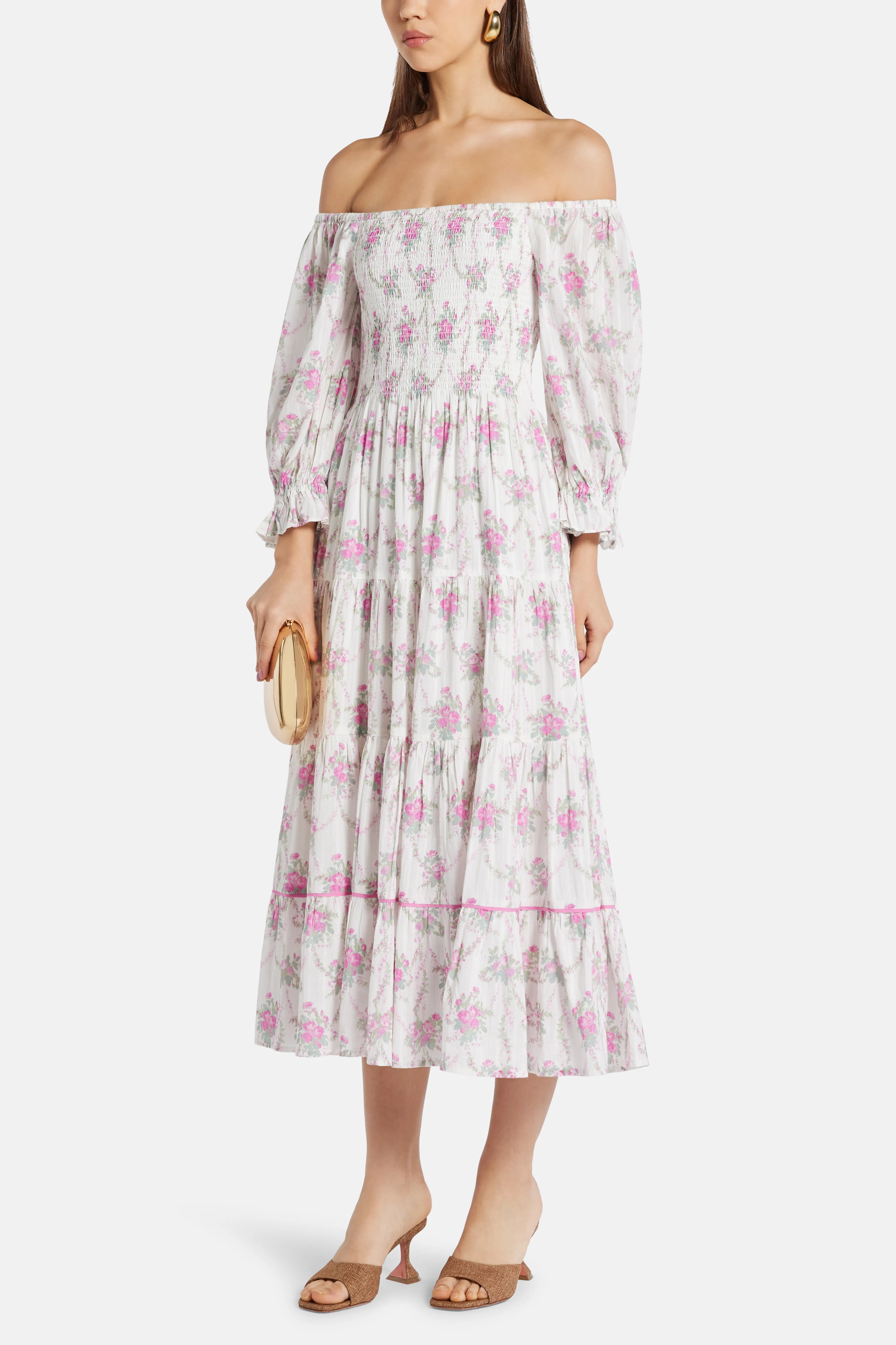 Viola Field Victorian Rigby Floral Cotton Midi Dress in White/ Pink