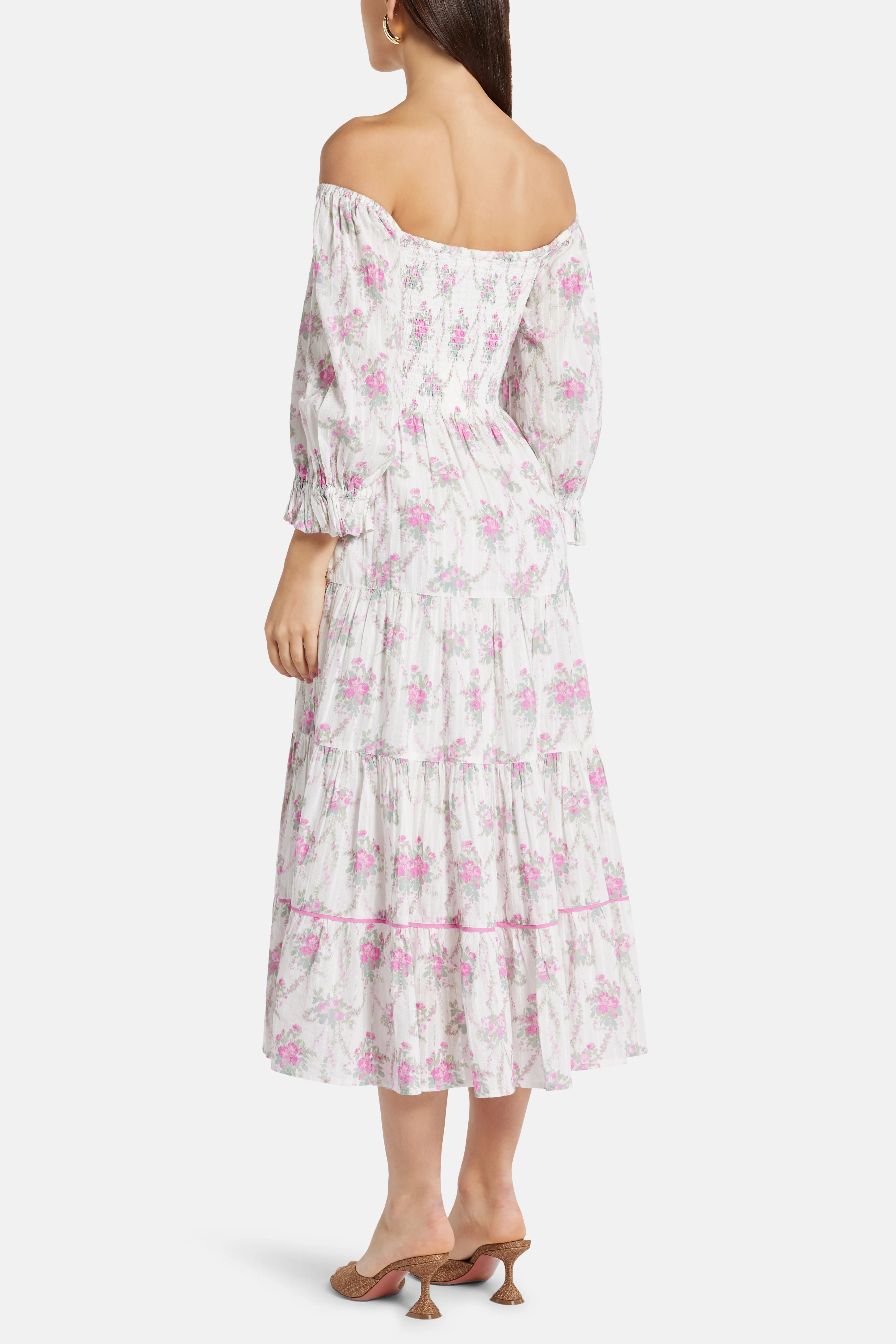 Viola Field Victorian Rigby Floral Cotton Midi Dress in White/ Pink