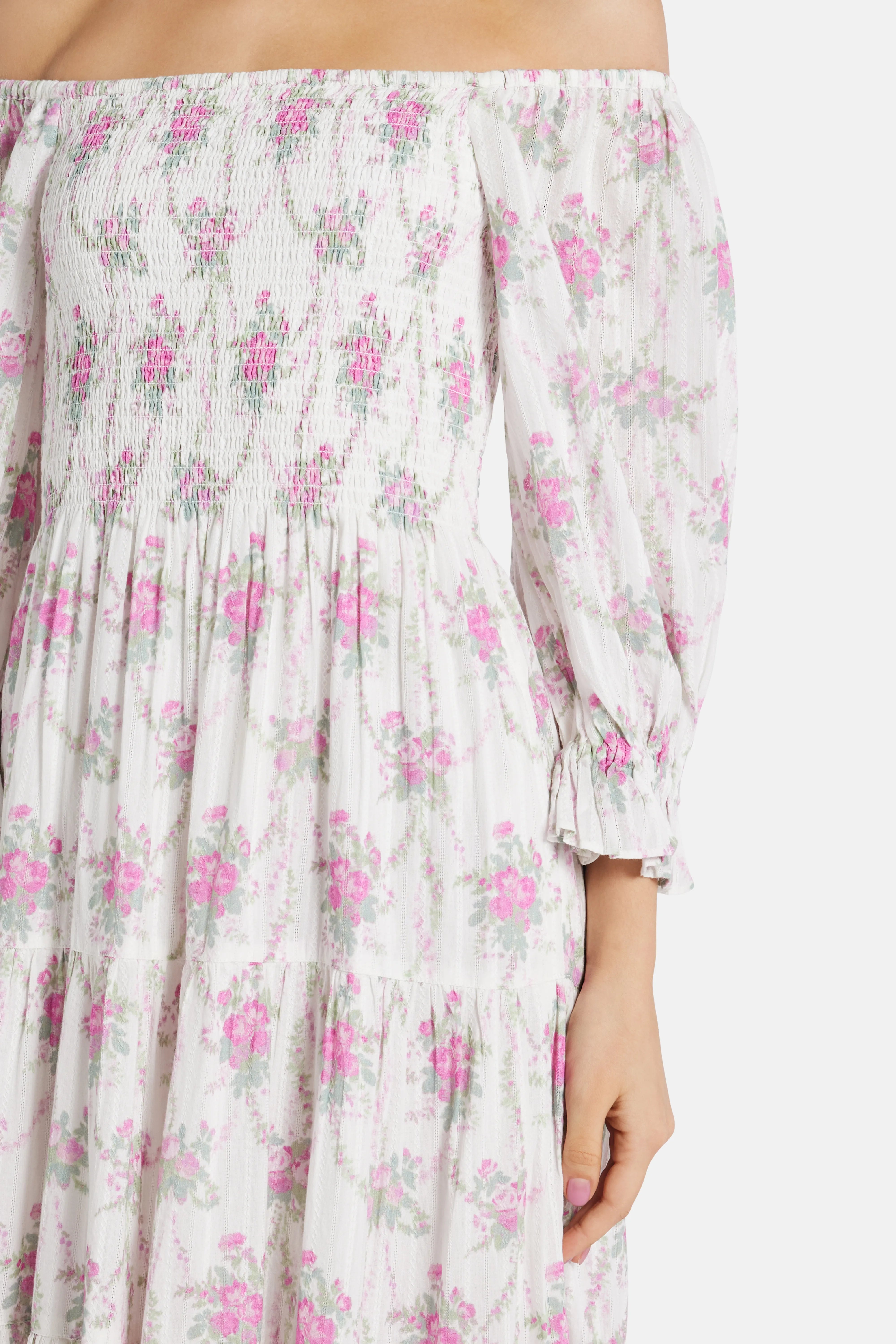 Viola Field Victorian Rigby Floral Cotton Midi Dress in White/ Pink