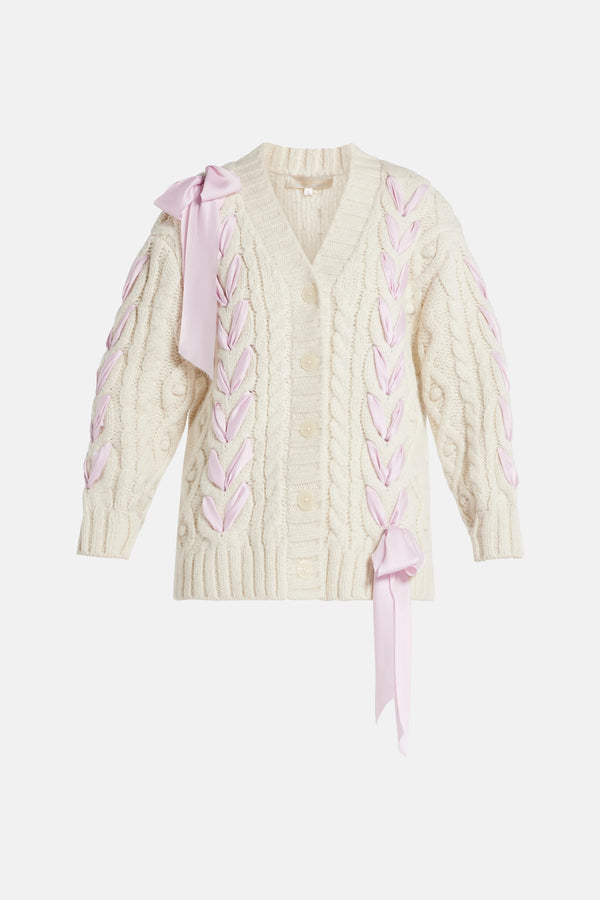 Ribbon Cables Kassius Bow Knit Cardigan in White/ Pink