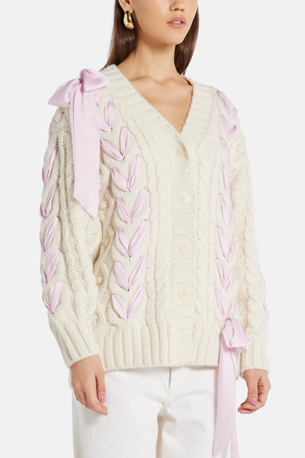 Ribbon Cables Kassius Bow Knit Cardigan in White/ Pink