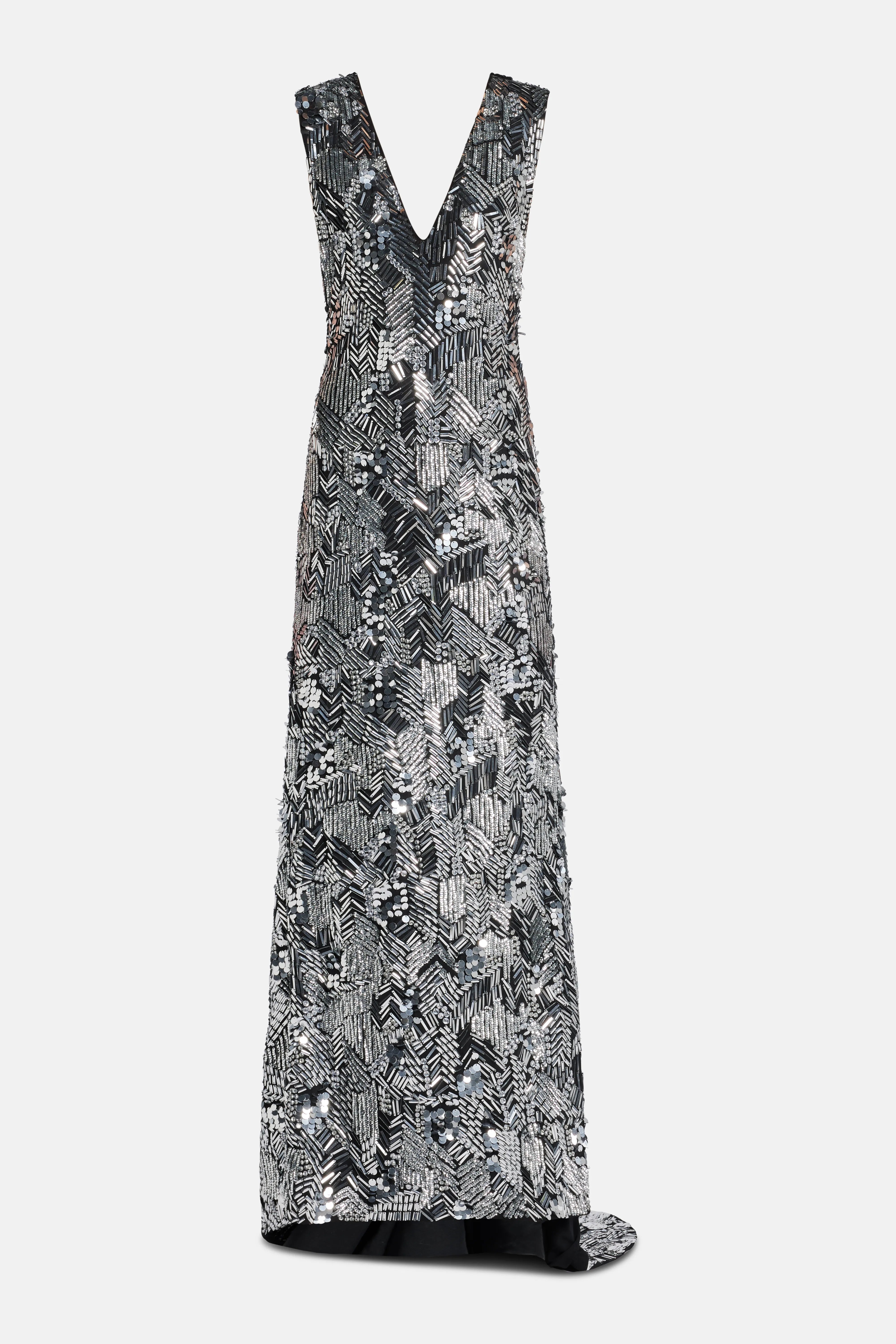 Bonnie Sleeveless Plunge Neck Evening Gown in Black/ Silver