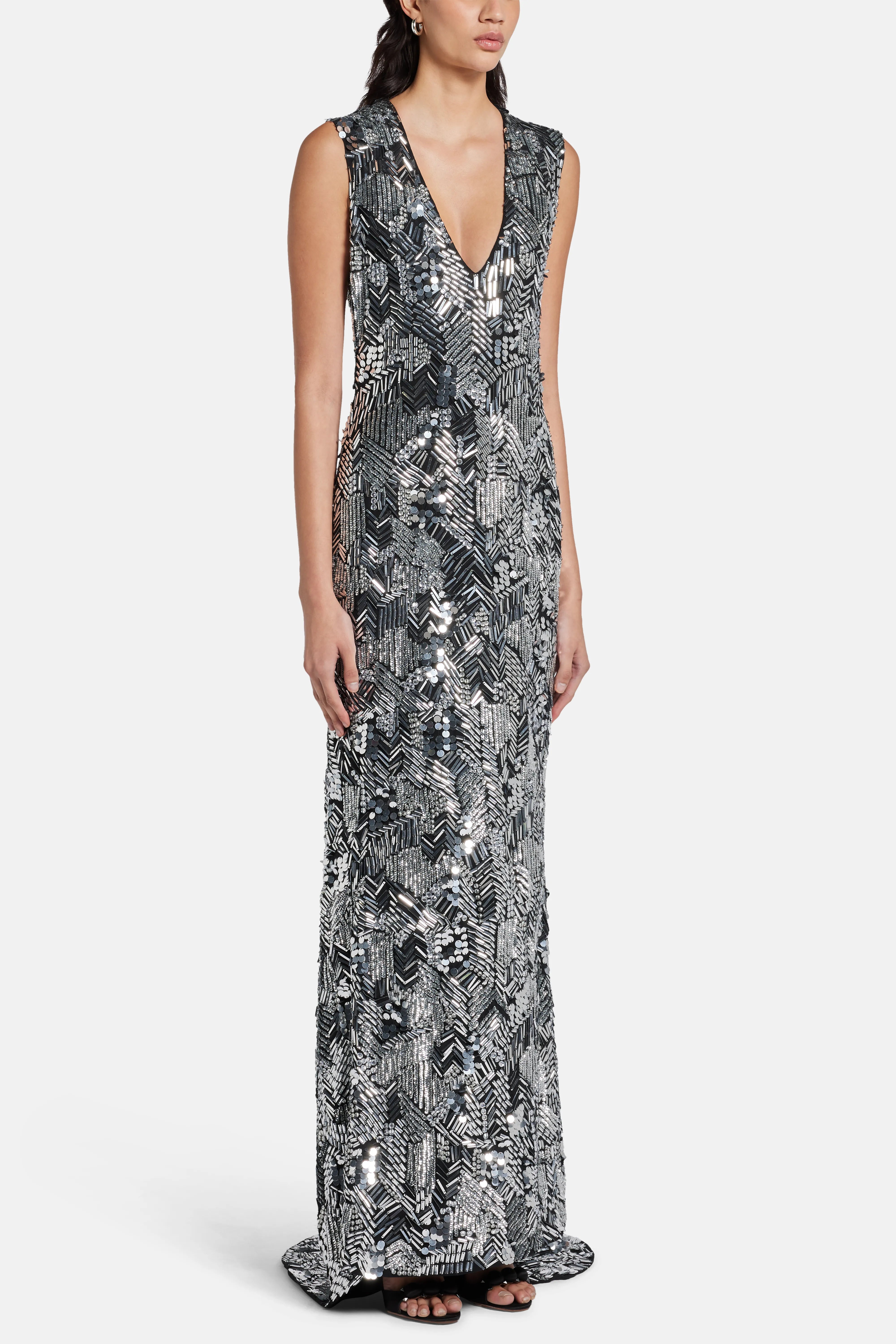 Bonnie Sleeveless Plunge Neck Evening Gown in Black/ Silver