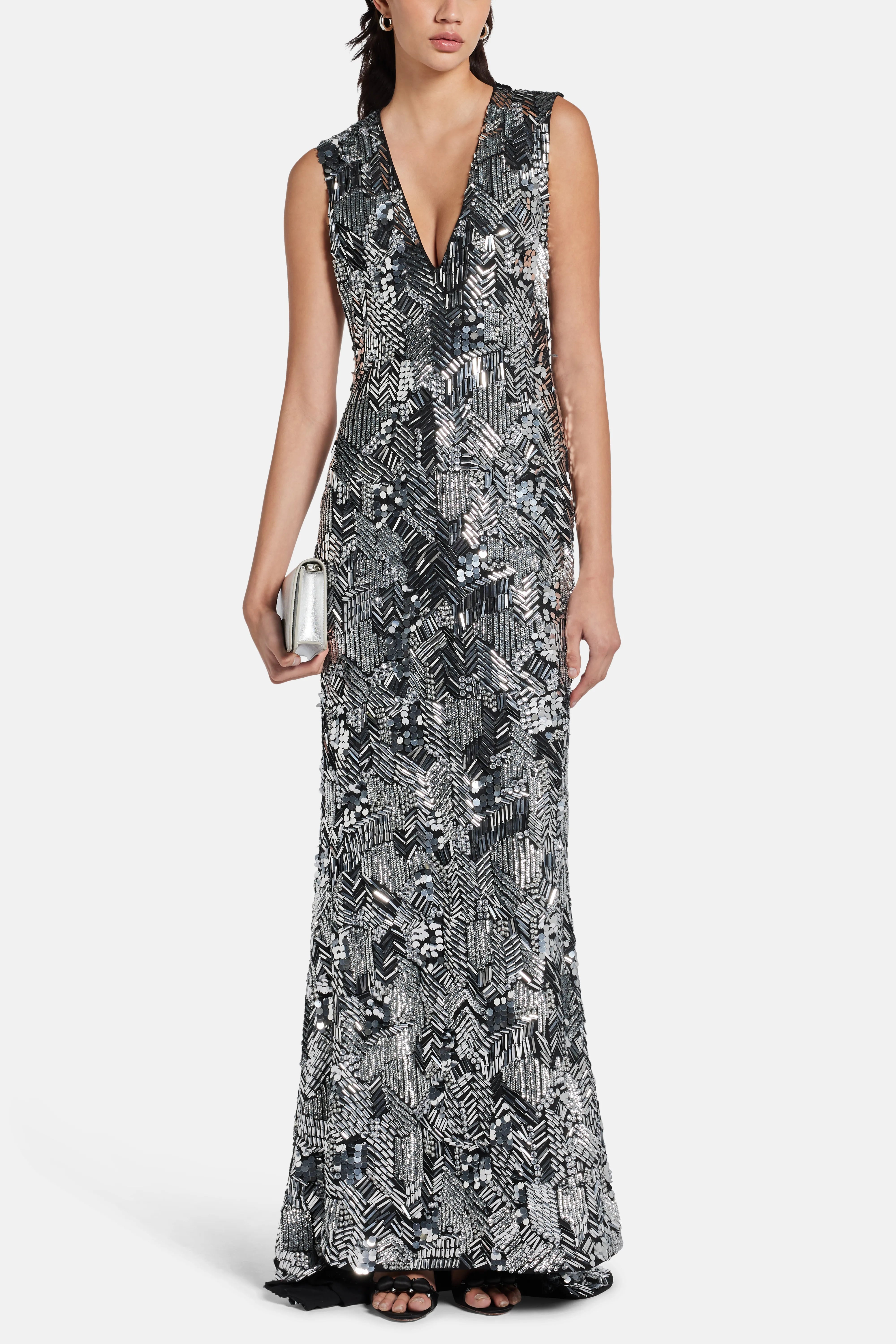 Bonnie Sleeveless Plunge Neck Evening Gown in Black/ Silver