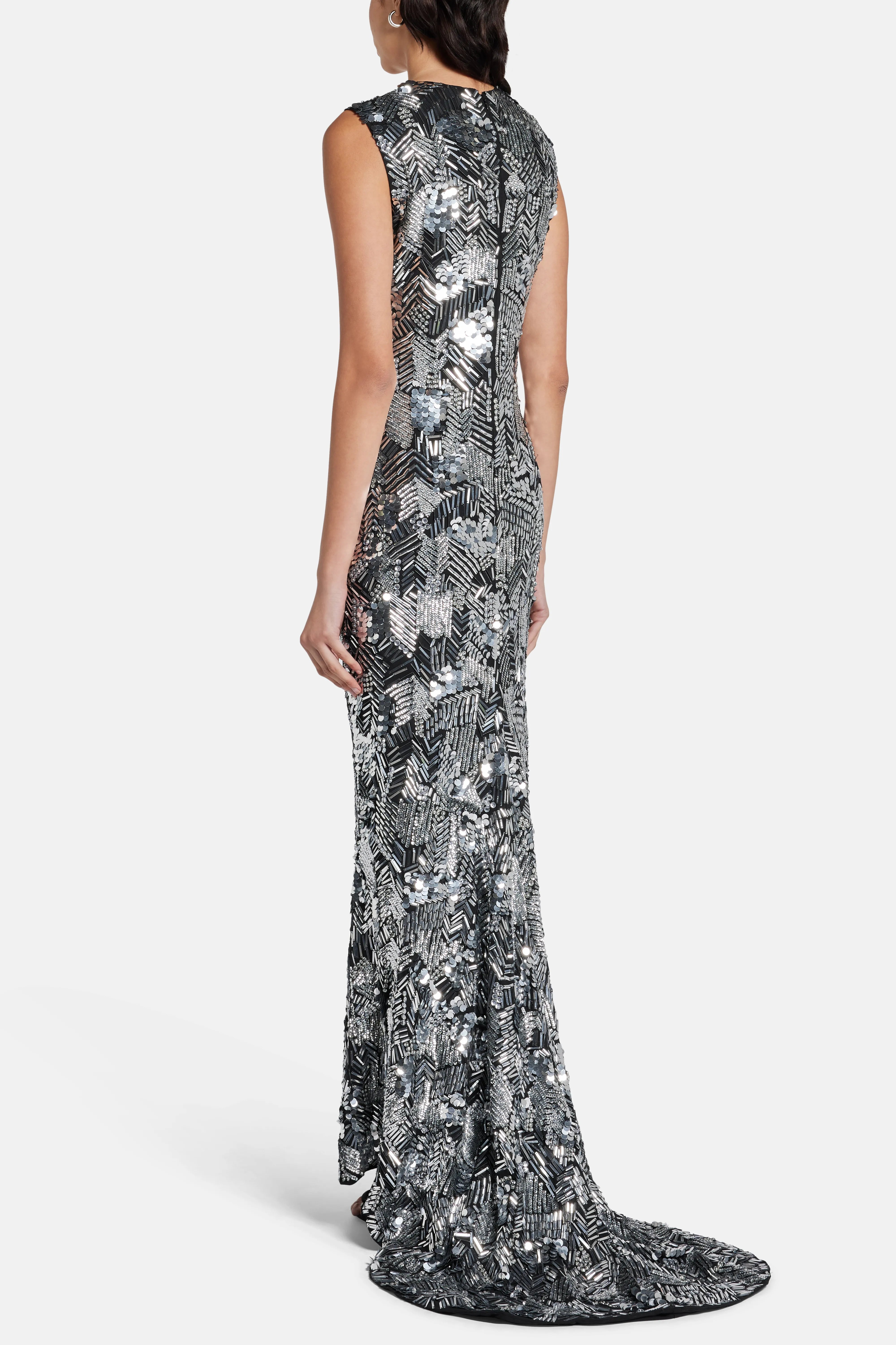 Bonnie Sleeveless Plunge Neck Evening Gown in Black/ Silver