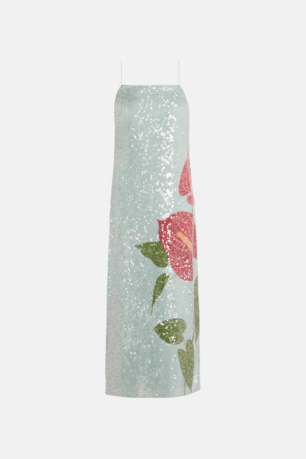 Anthurium Flowers Sequin Slip Maxi Dress