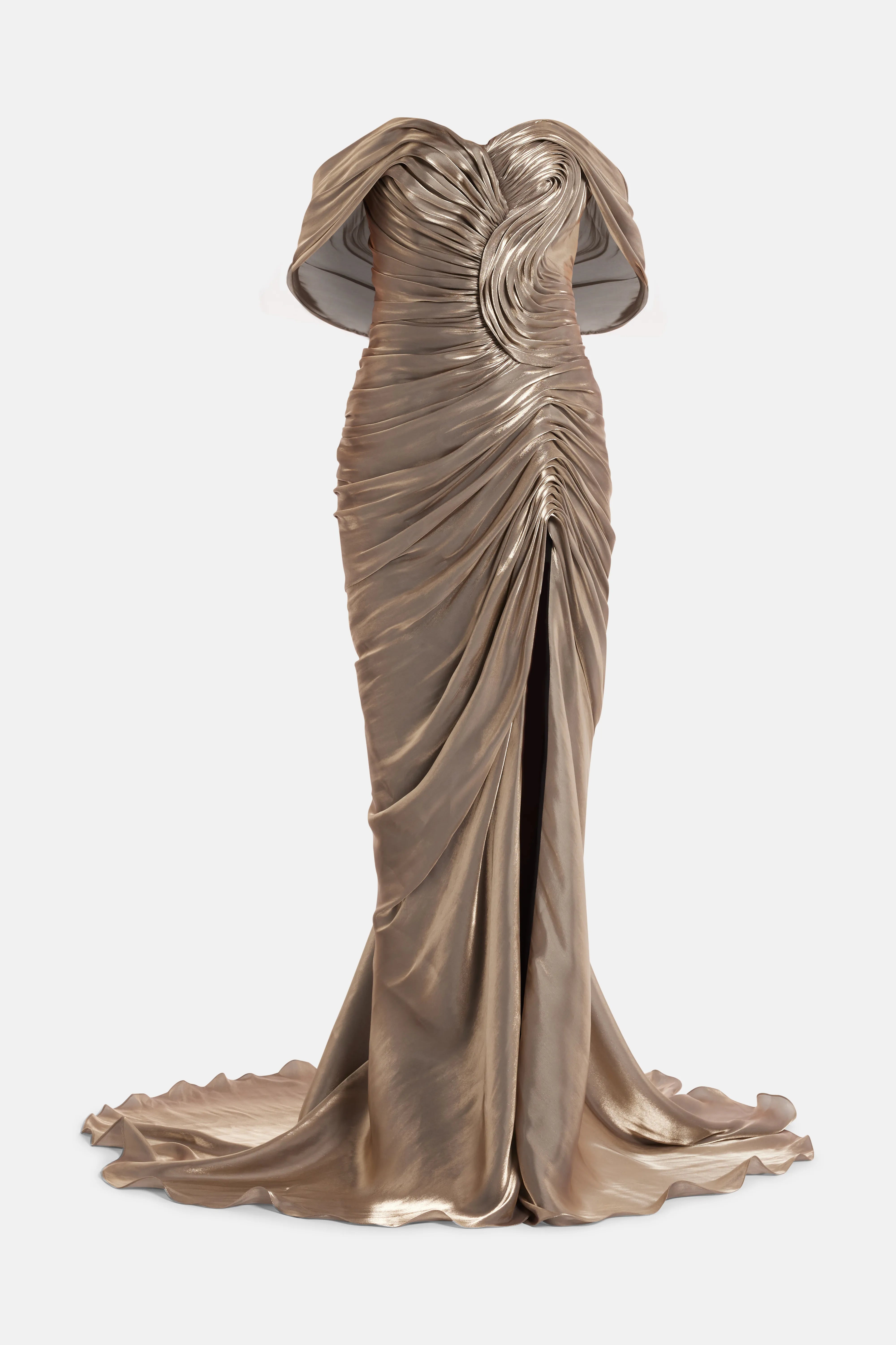 Off Shoulder Draped Satin Evening Gown With Slit in Gold/ Silver