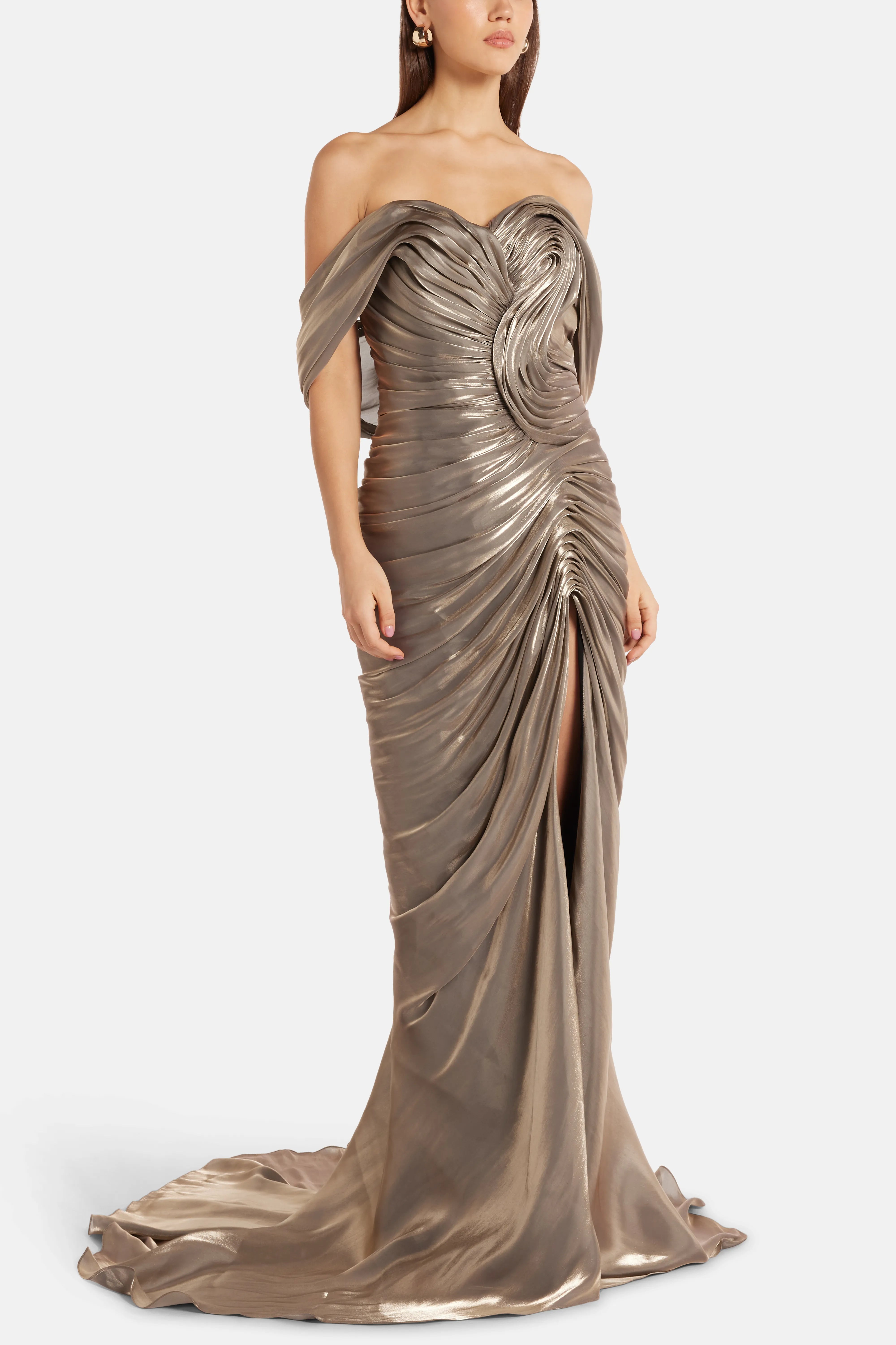 Off Shoulder Draped Satin Evening Gown With Slit in Gold/ Silver