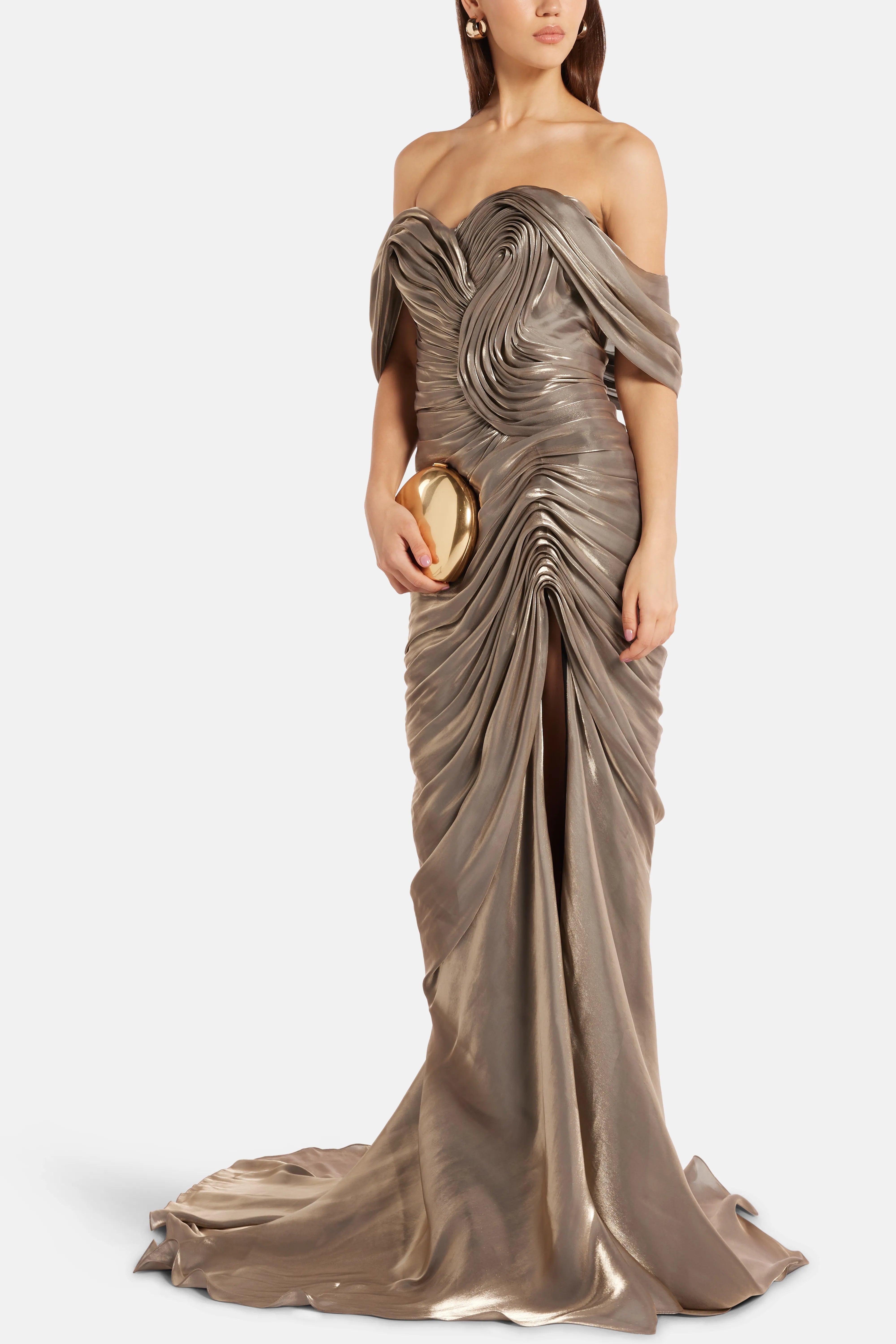 Off Shoulder Draped Satin Evening Gown With Slit in Gold/ Silver