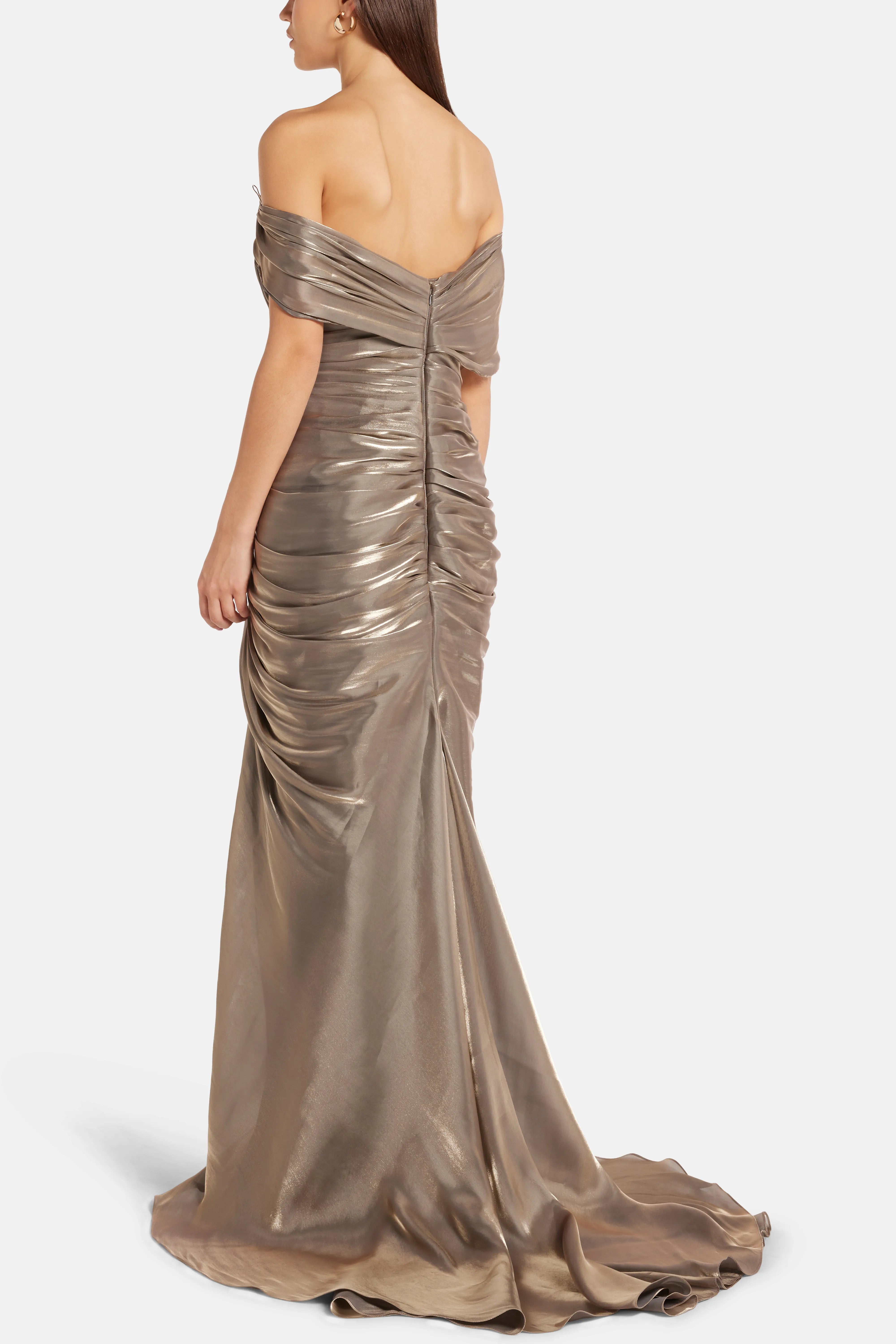 Off Shoulder Draped Satin Evening Gown With Slit in Gold/ Silver