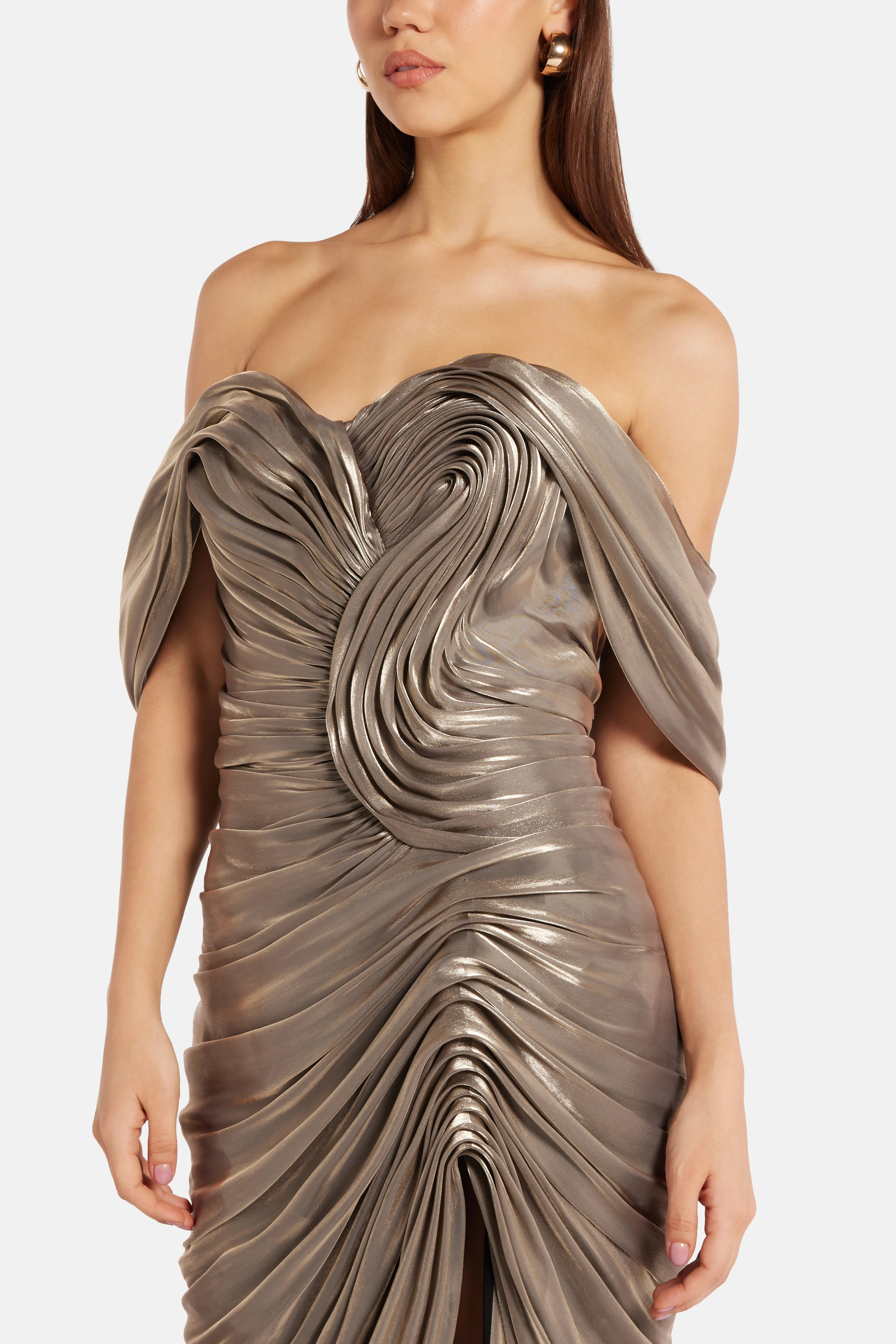 Off Shoulder Draped Satin Evening Gown With Slit in Gold/ Silver