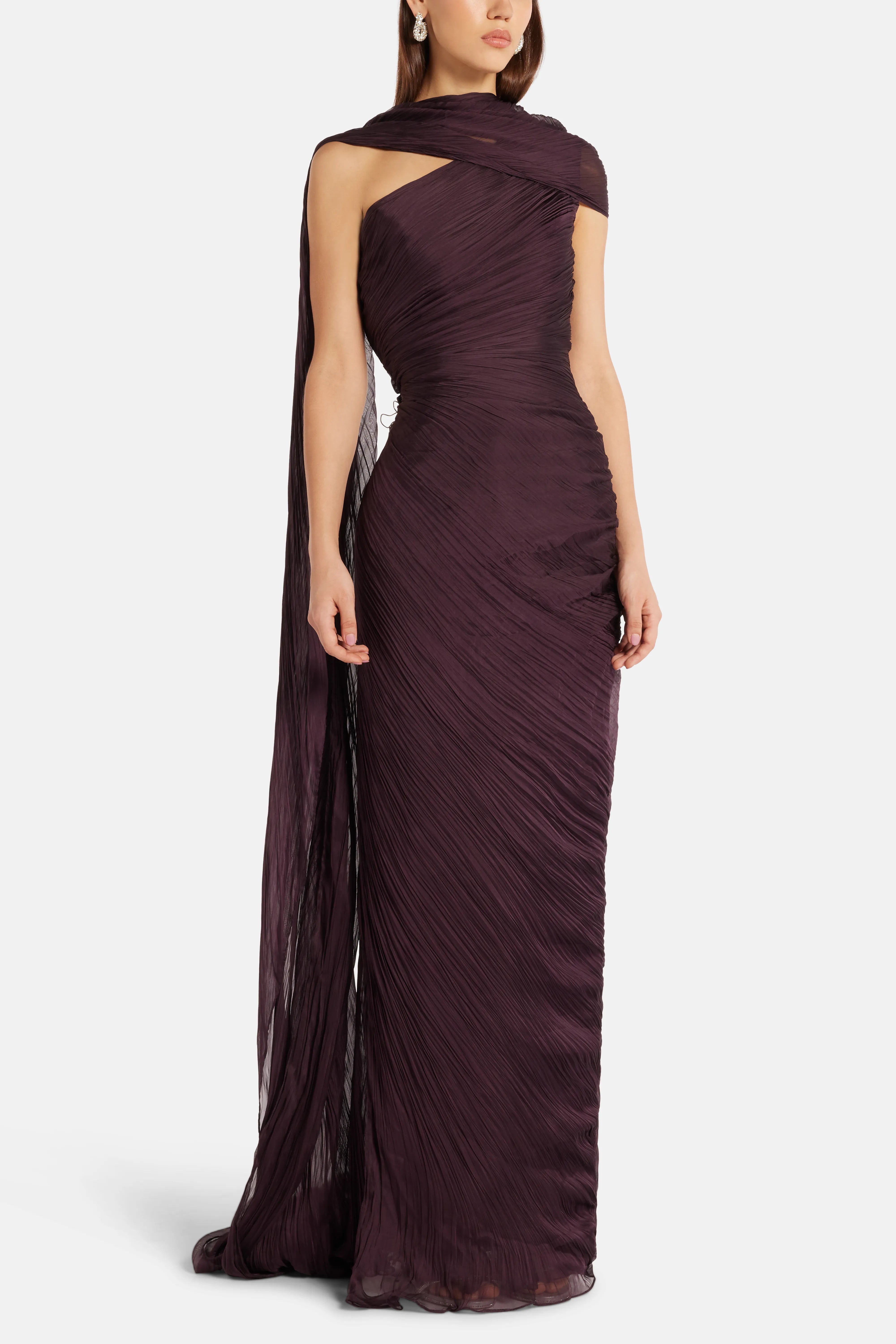 Draped Chiffon Evening Gown With Cape in Burgundy