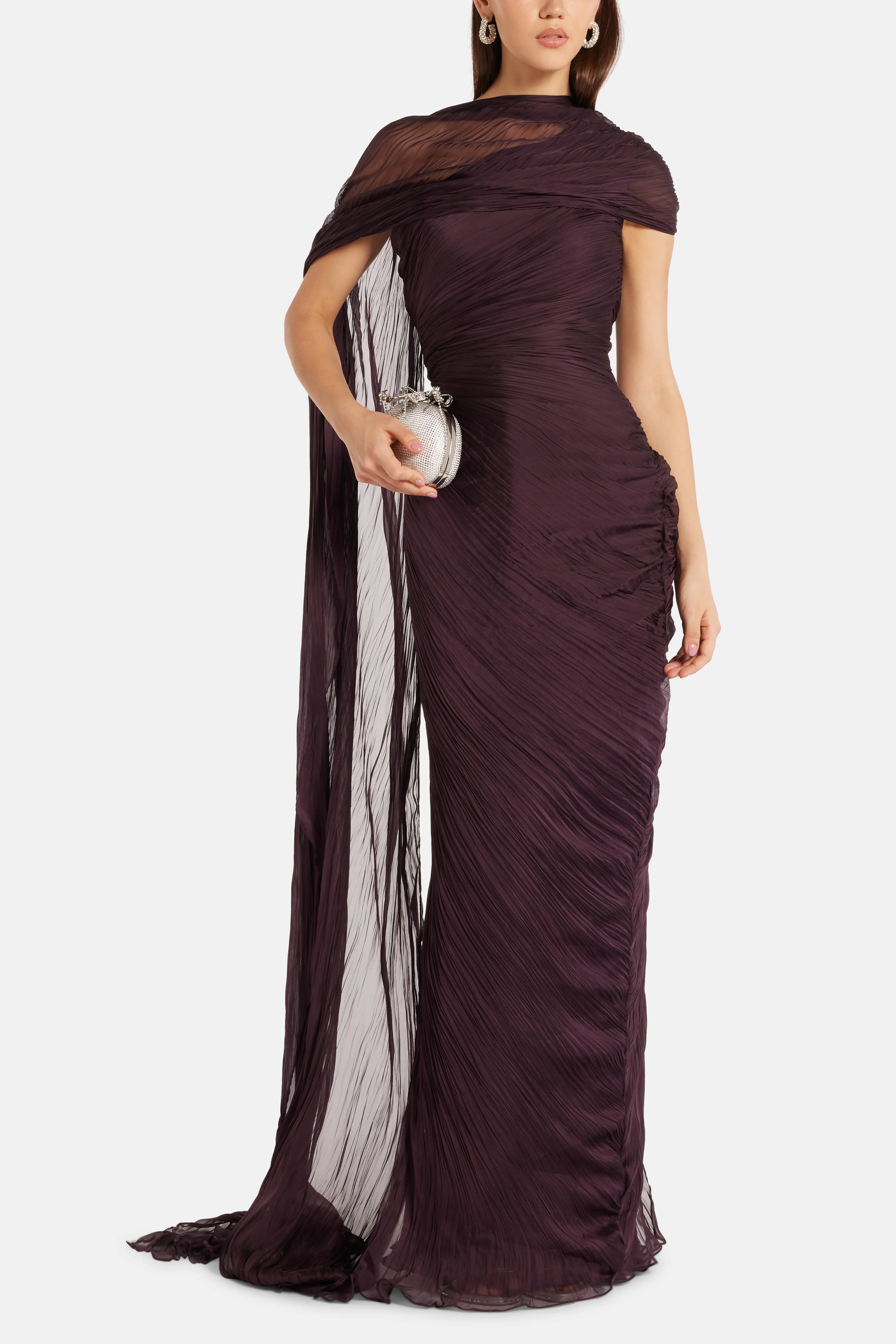 Draped Chiffon Evening Gown With Cape in Burgundy