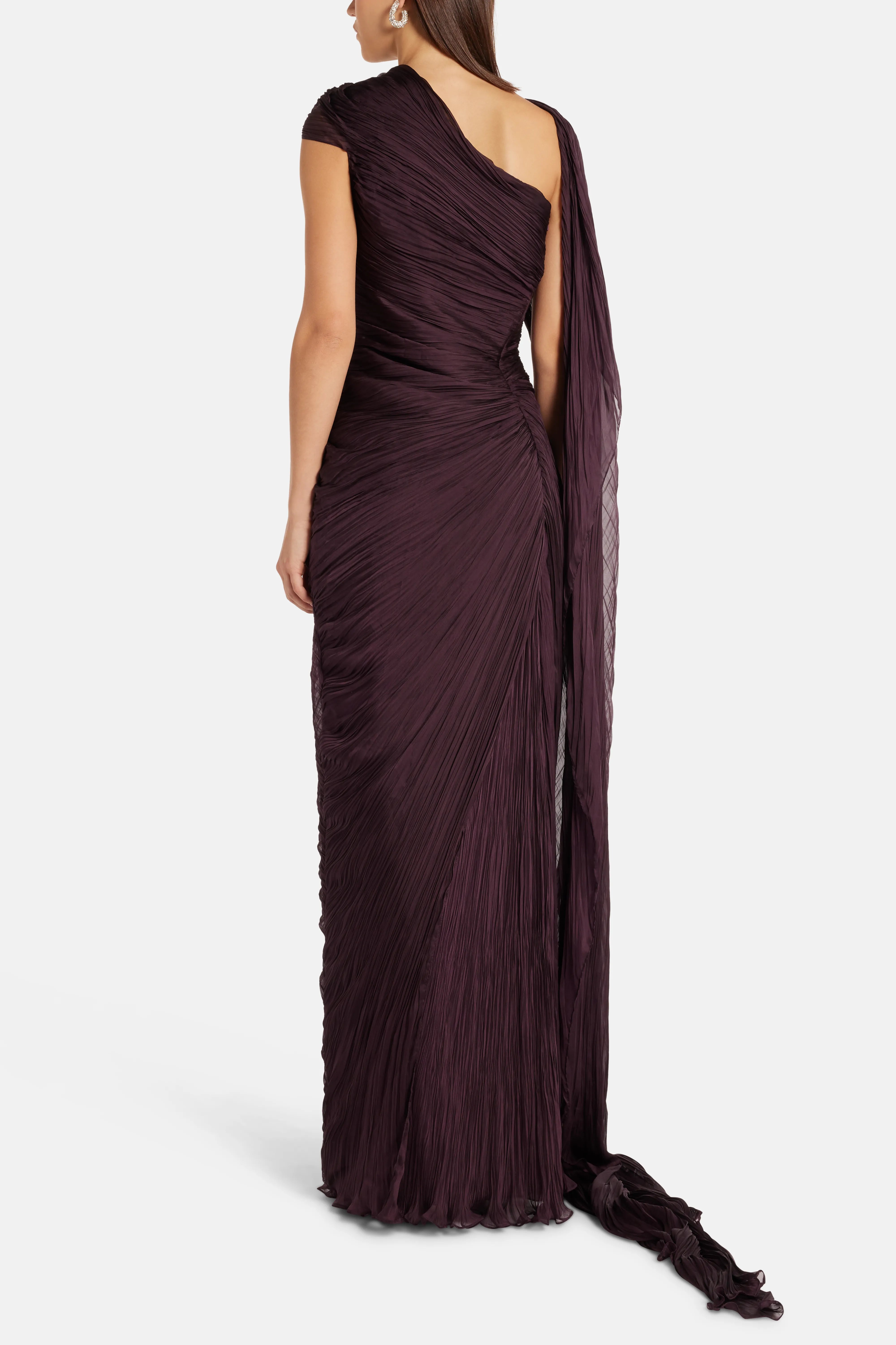 Draped Chiffon Evening Gown With Cape in Burgundy