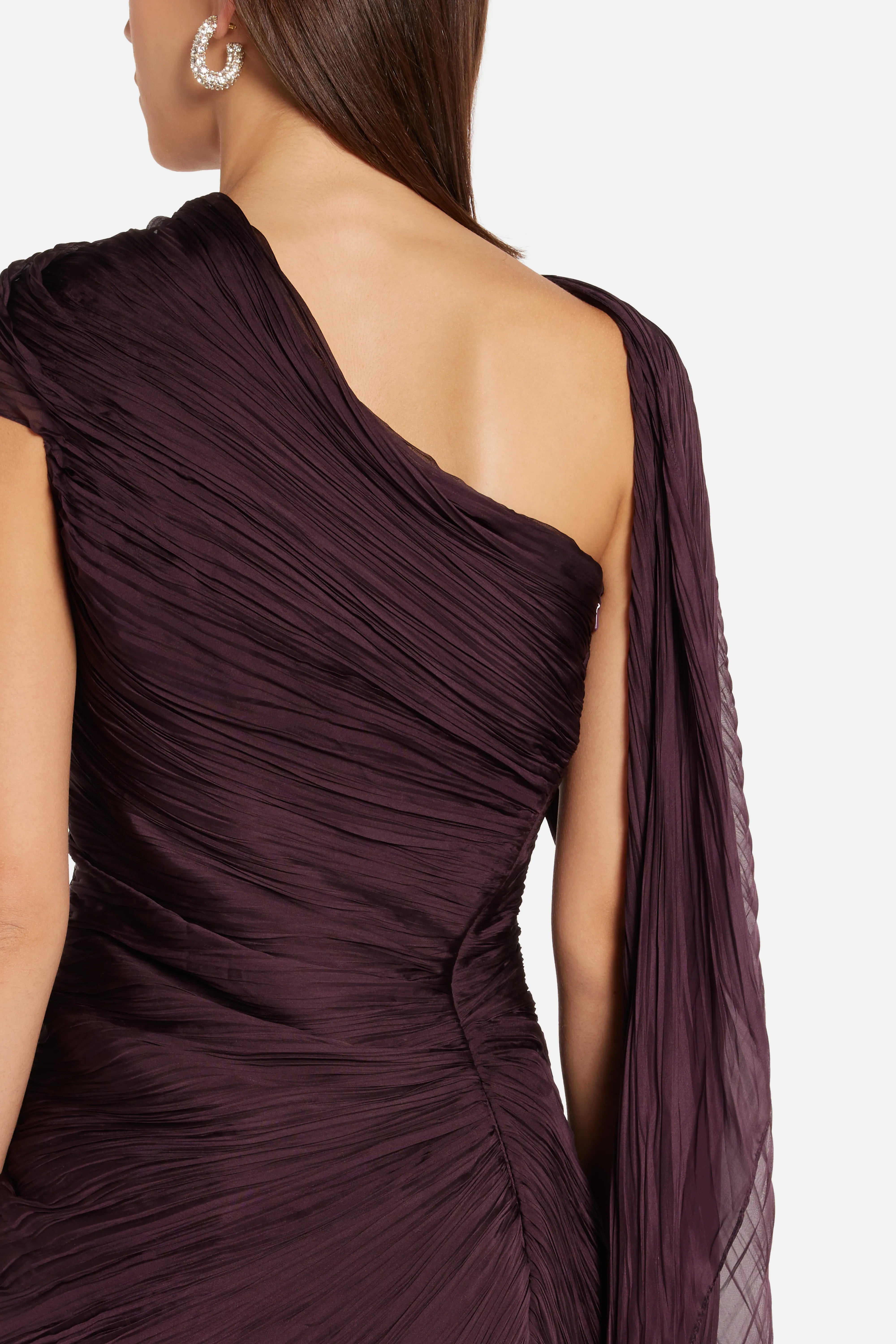 Draped Chiffon Evening Gown With Cape in Burgundy