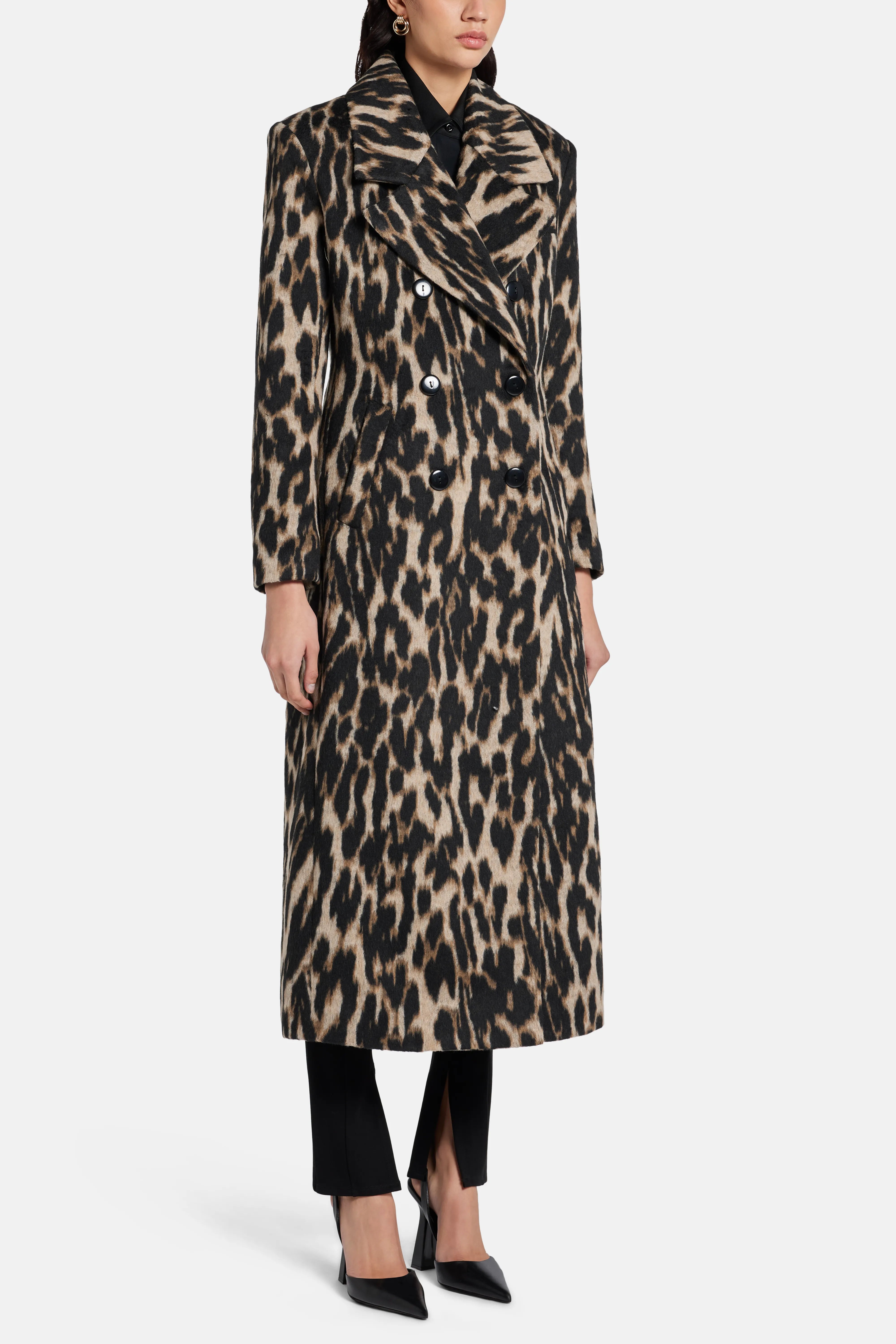 Chiara Leopard Print Wool Coat in Brown/ Beige