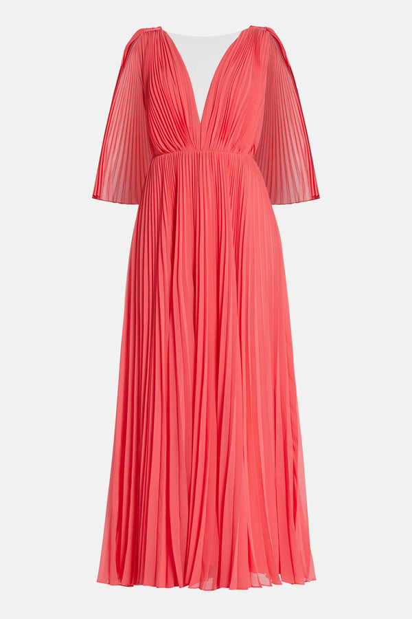 V Neck Sleeveless Pleated Maxi Dress in Orange