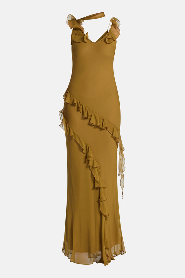 Hemera Sleeveless Ruffle Silk Chiffon Maxi Dress With Detachable Scarf in Brown