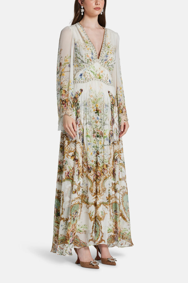 Dressing Room Drama Flared Sleeves Floral Silk Maxi Dress in White