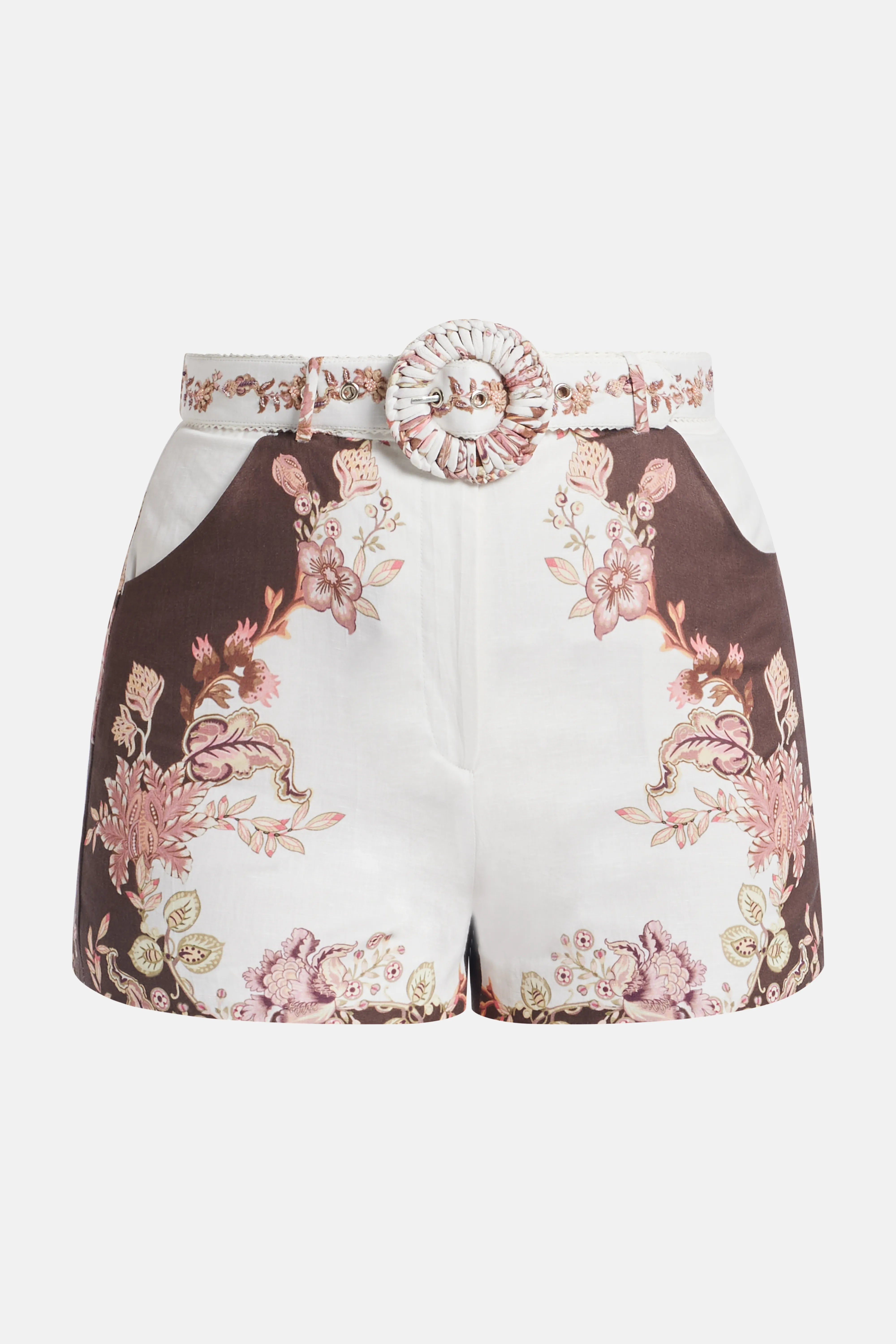 Diza Floral Linen Belted Shorts in White