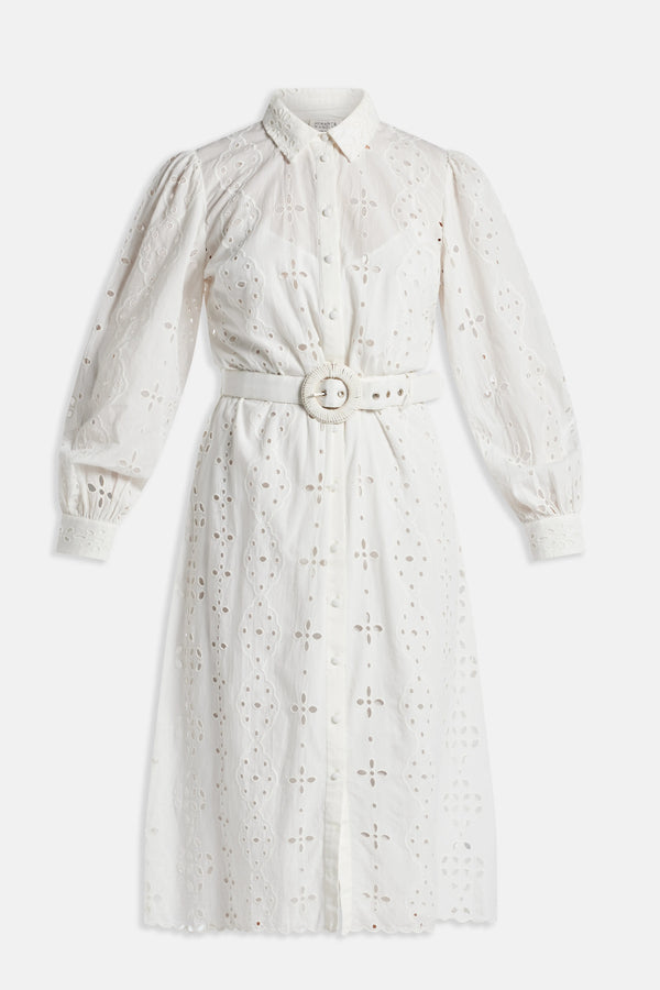 Adya Long Sleeves Belted Cotton Shirt Maxi Dress in White