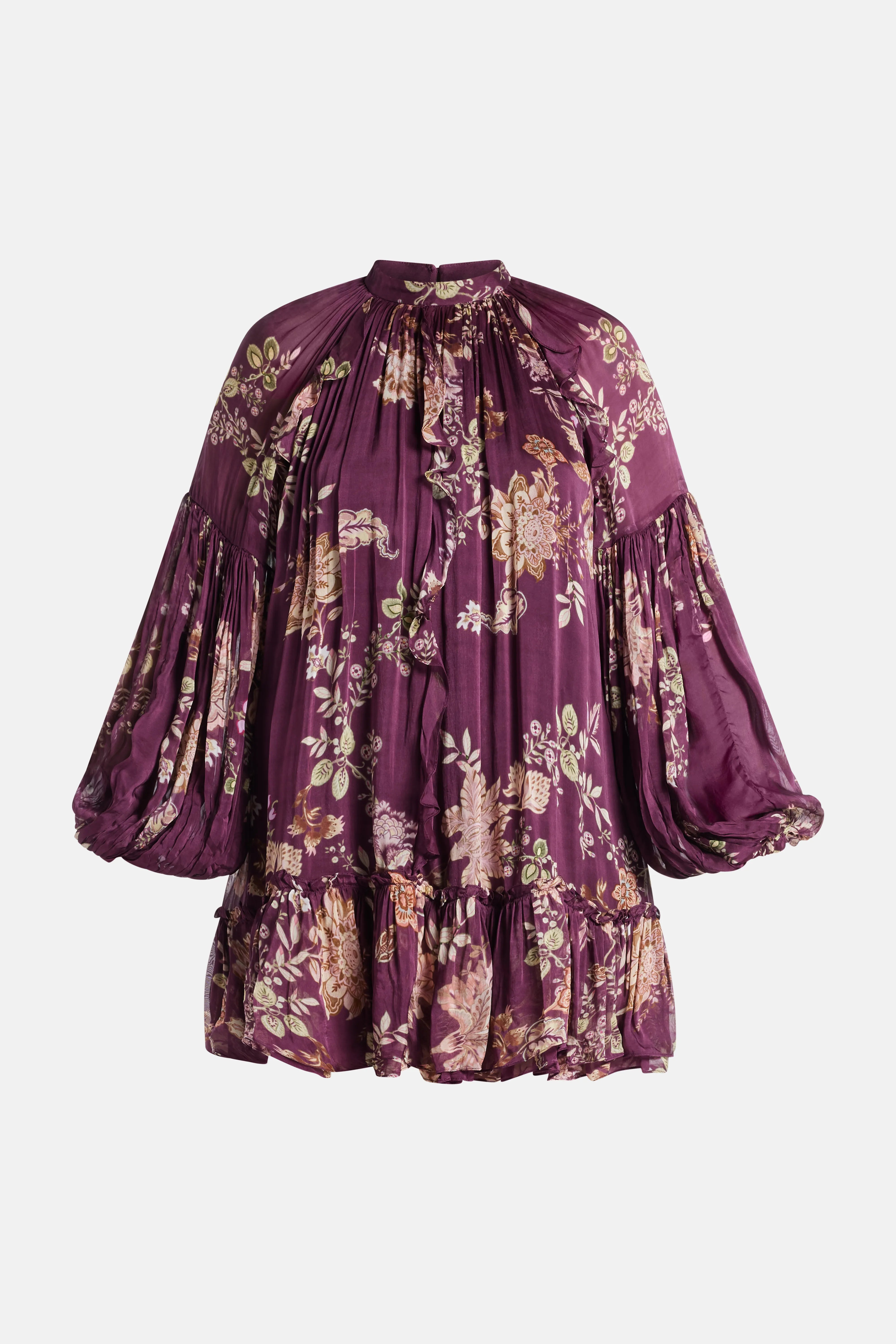 Savi Floral Long Sleeves Belted Mini Dress in Burgundy