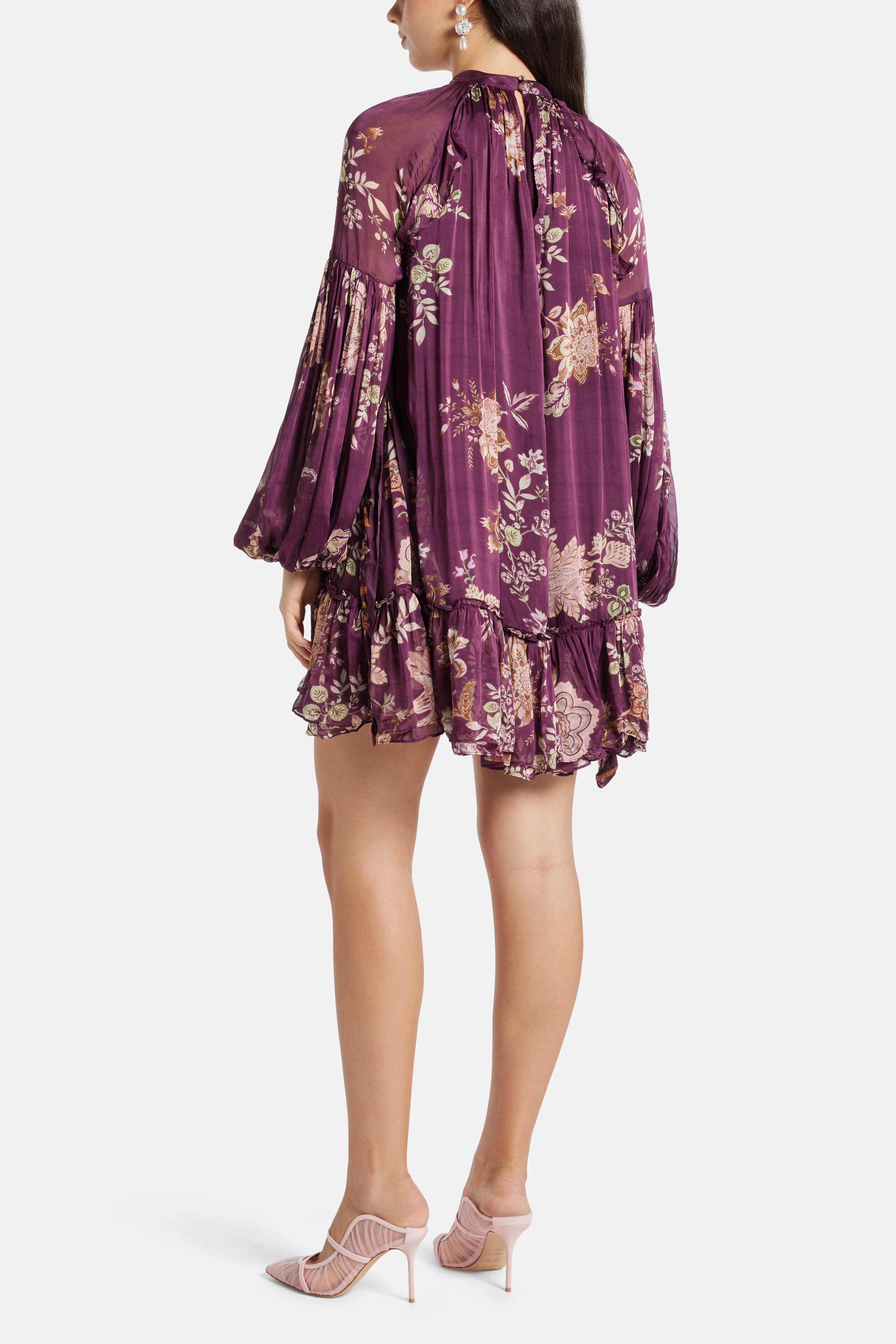Savi Floral Long Sleeves Belted Mini Dress in Burgundy
