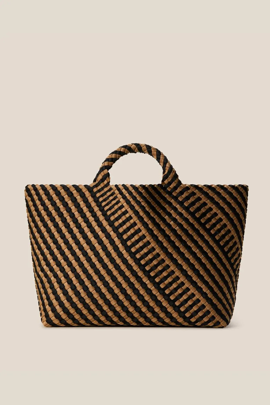 St. Barths Woven Striped Geo Small Tote Bag in Brown With Strap and Pouch