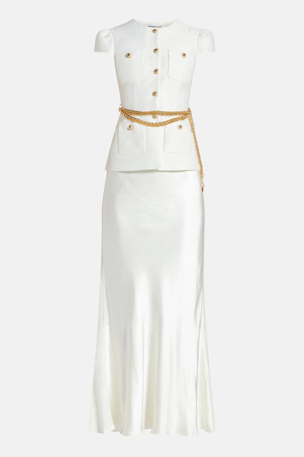Taffeta Chain Belt Maxi Dress in Cream