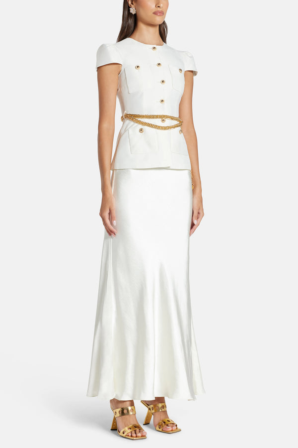 Taffeta Chain Belt Maxi Dress in Cream