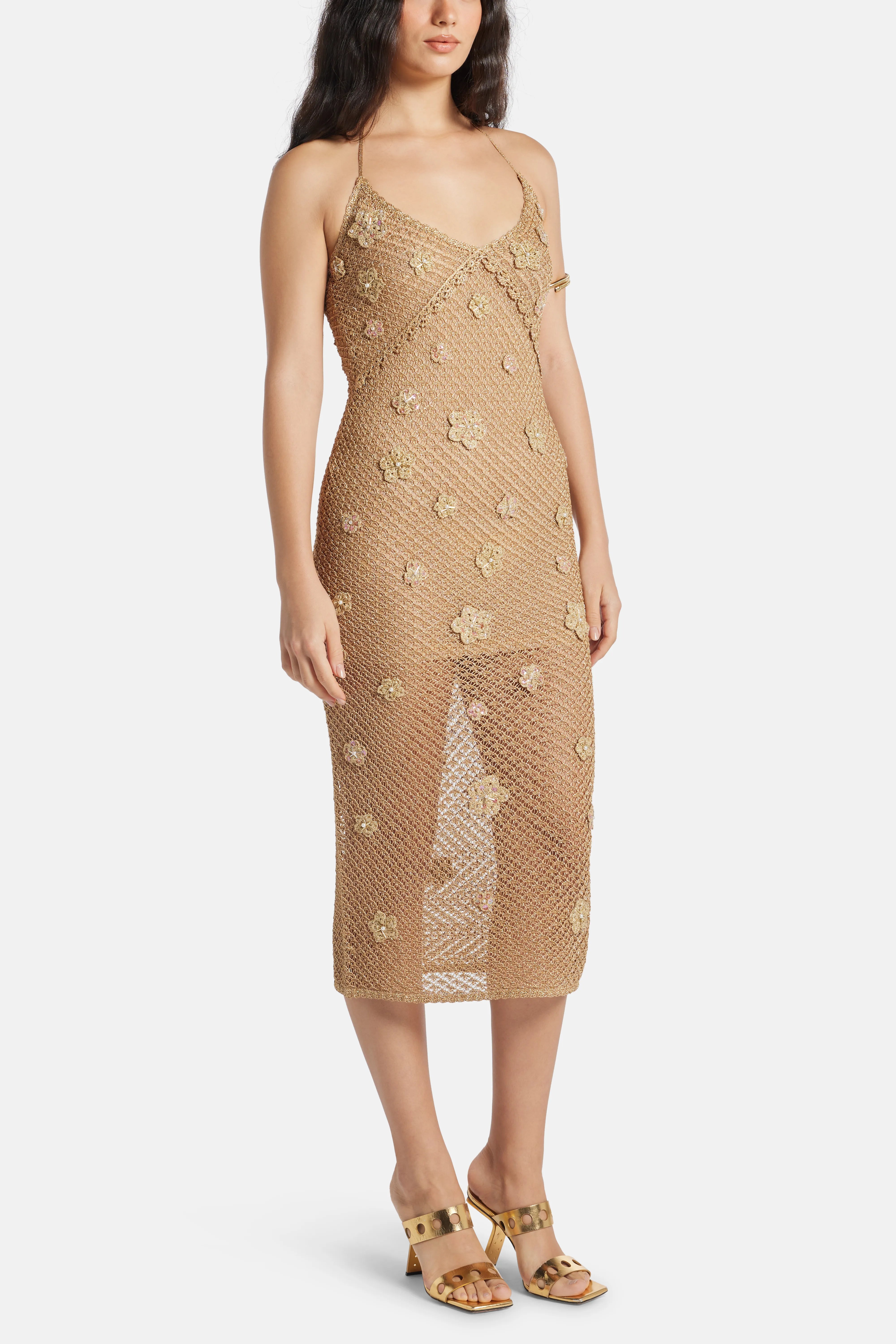 Vreya Floral Embellished Metallic Crochet Sleeveless Maxi Dress in Beige