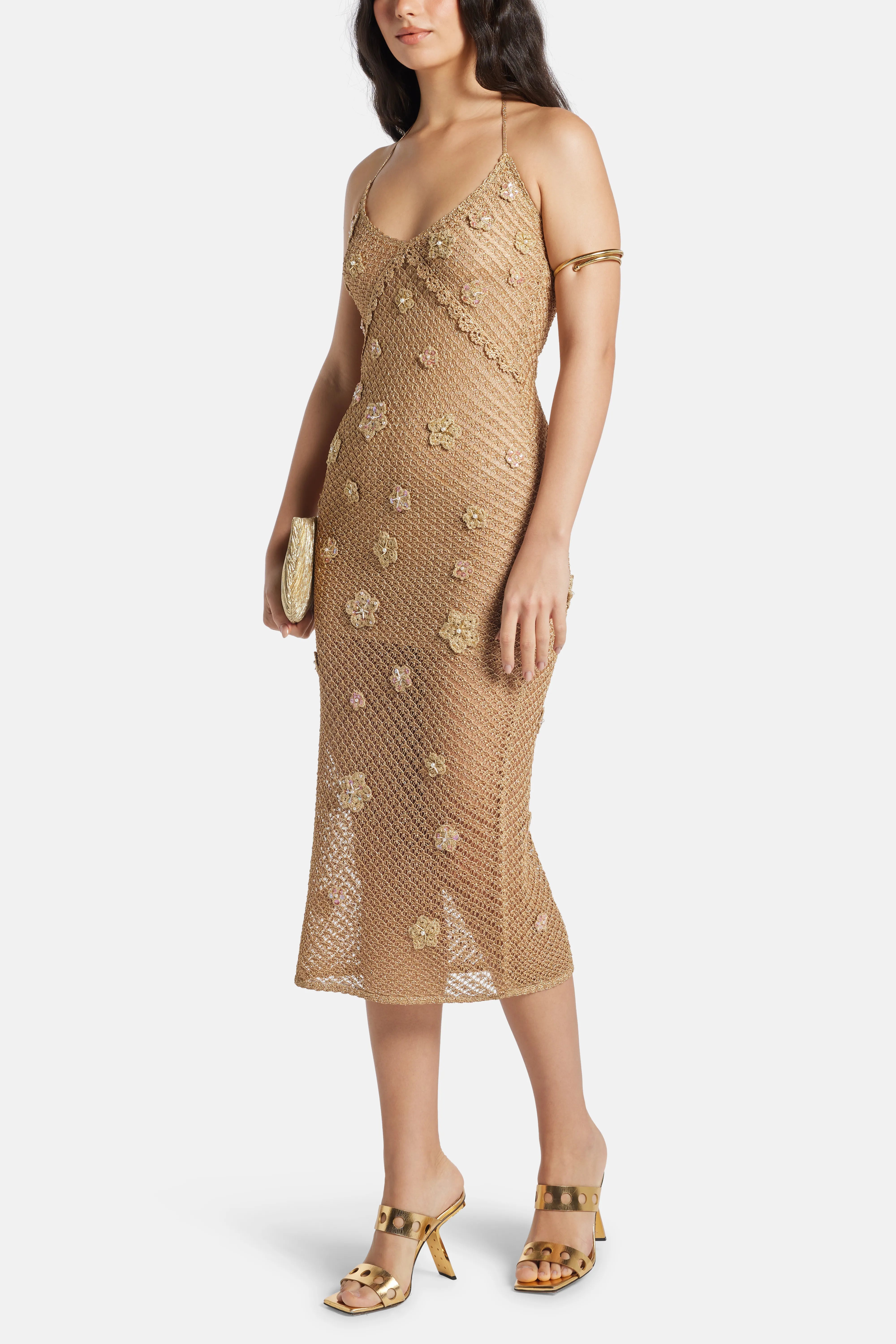 Vreya Floral Embellished Metallic Crochet Sleeveless Maxi Dress in Beige
