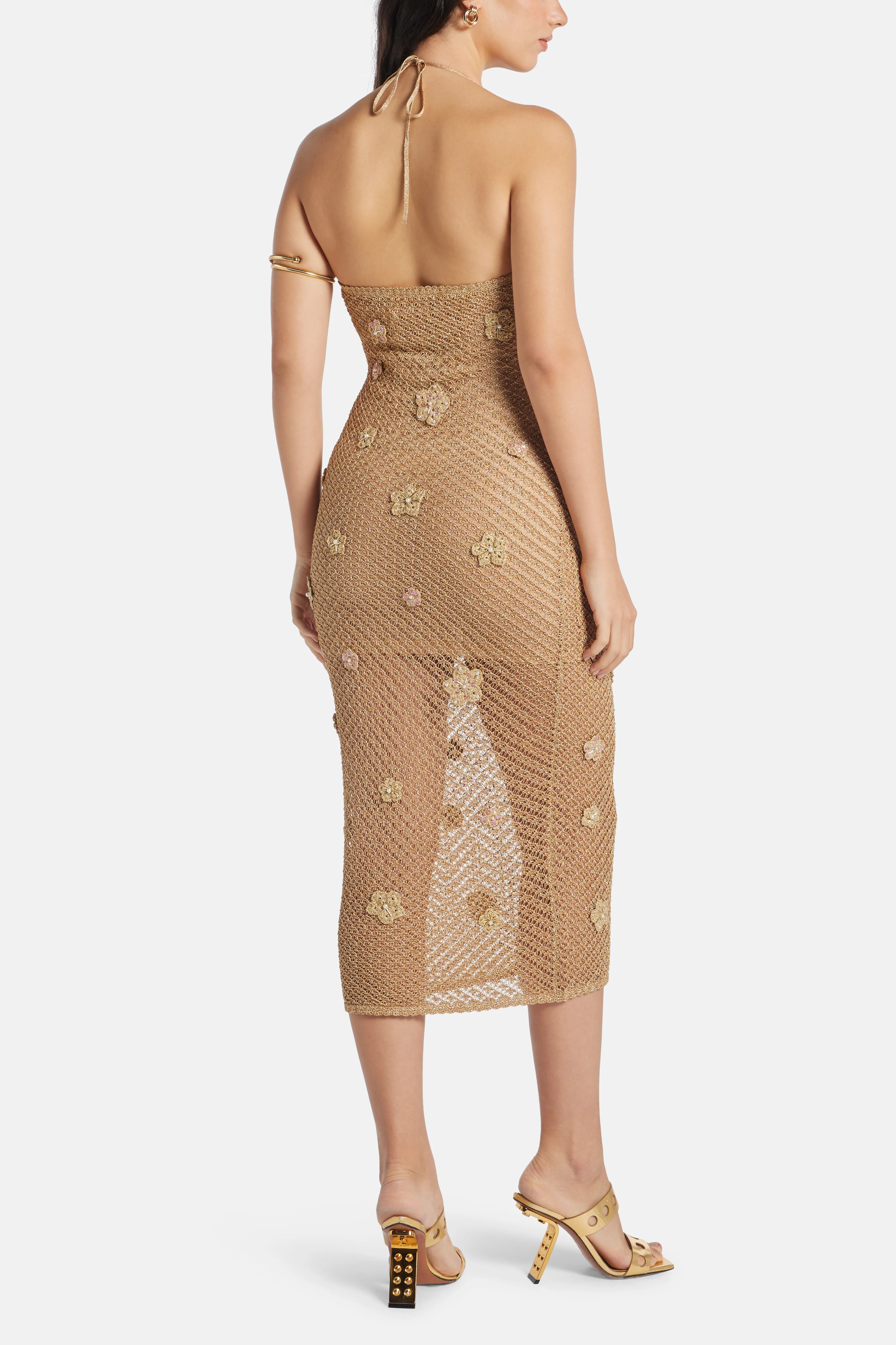 Vreya Floral Embellished Metallic Crochet Sleeveless Maxi Dress in Beige