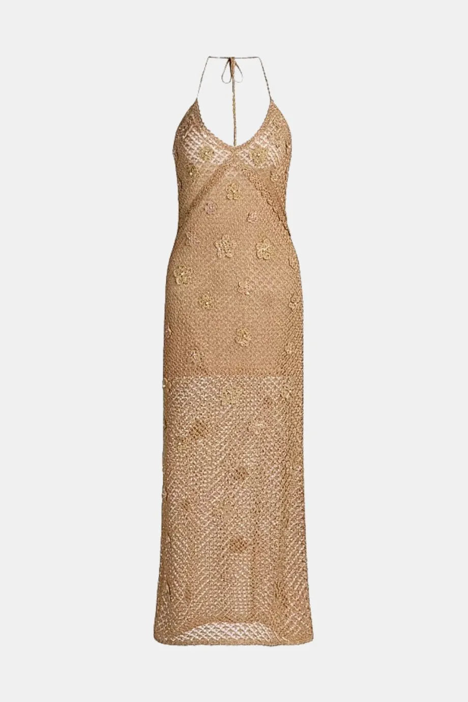 Vreya Floral Embellished Metallic Crochet Sleeveless Maxi Dress in Beige