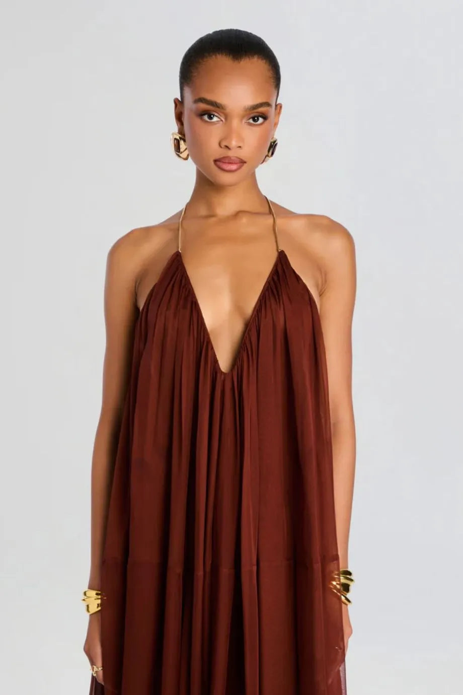 Arlet V Neck Chiffon Maxi Dress in Brown