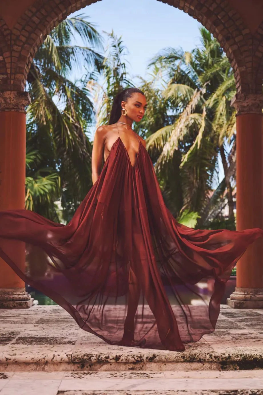 Shop the Arlet V Neck Chiffon Maxi Dress in Brown