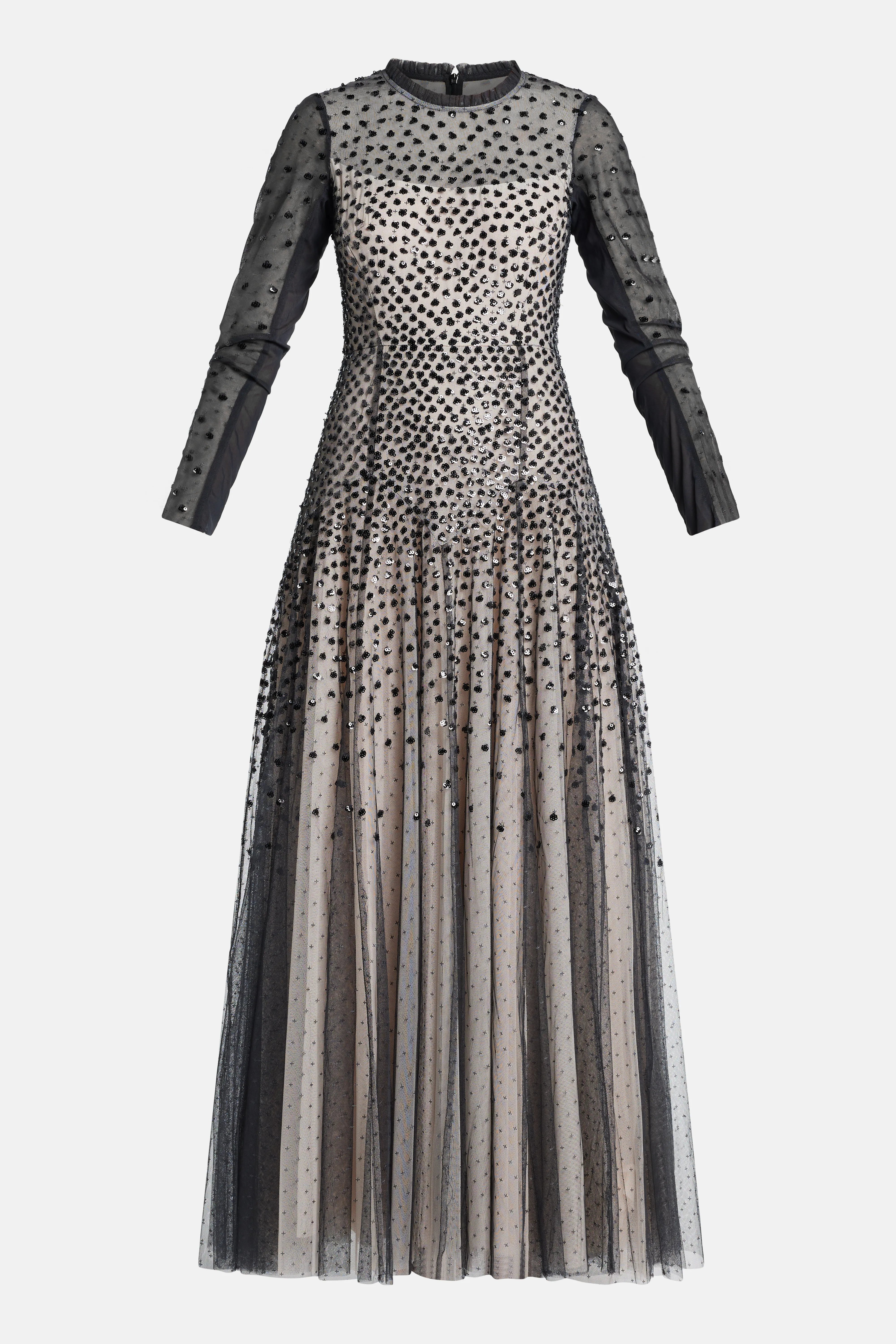 Sequin Cascade Round Neck Long Sleeves Evening Dress in Black