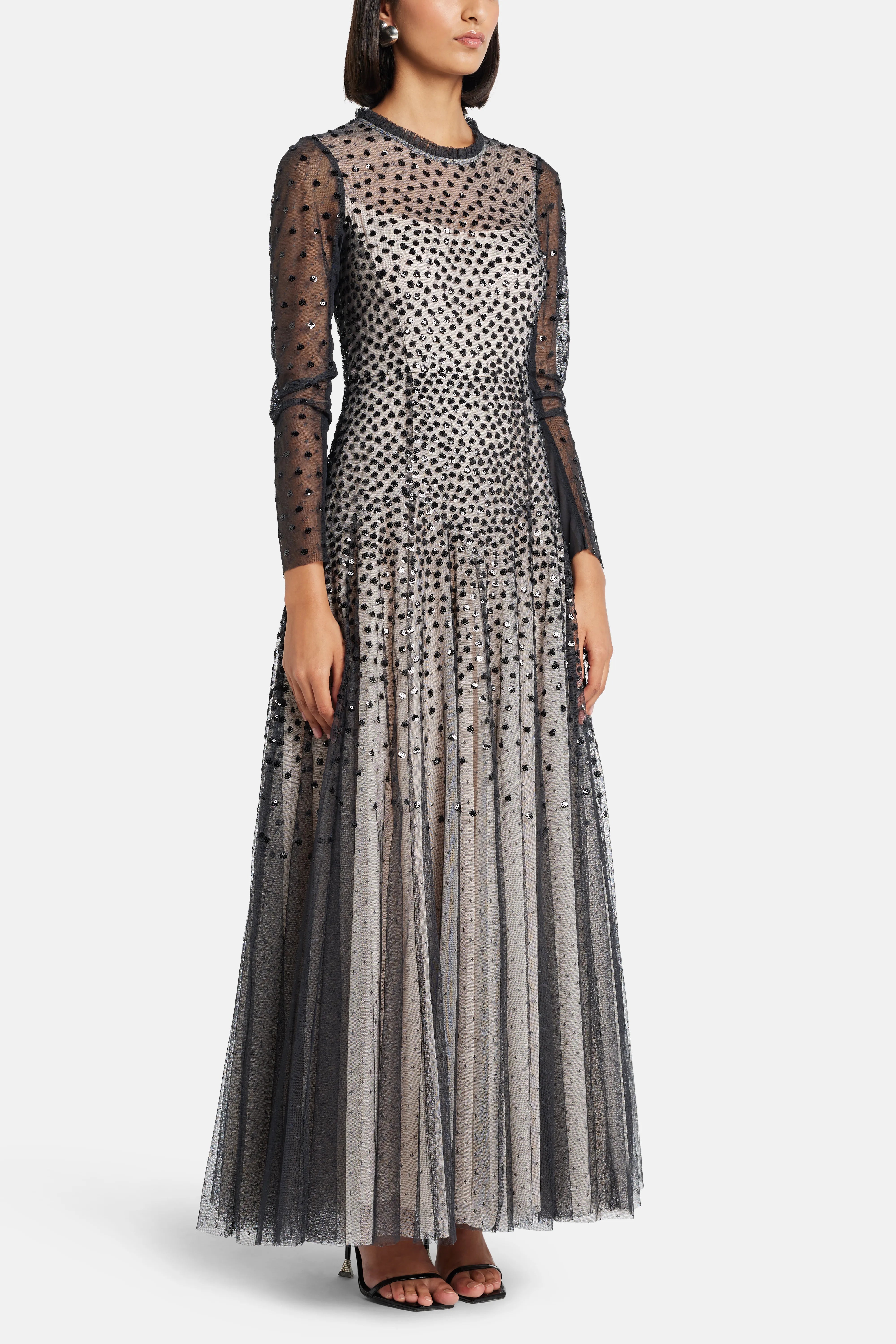 Sequin Cascade Round Neck Long Sleeves Evening Dress in Black