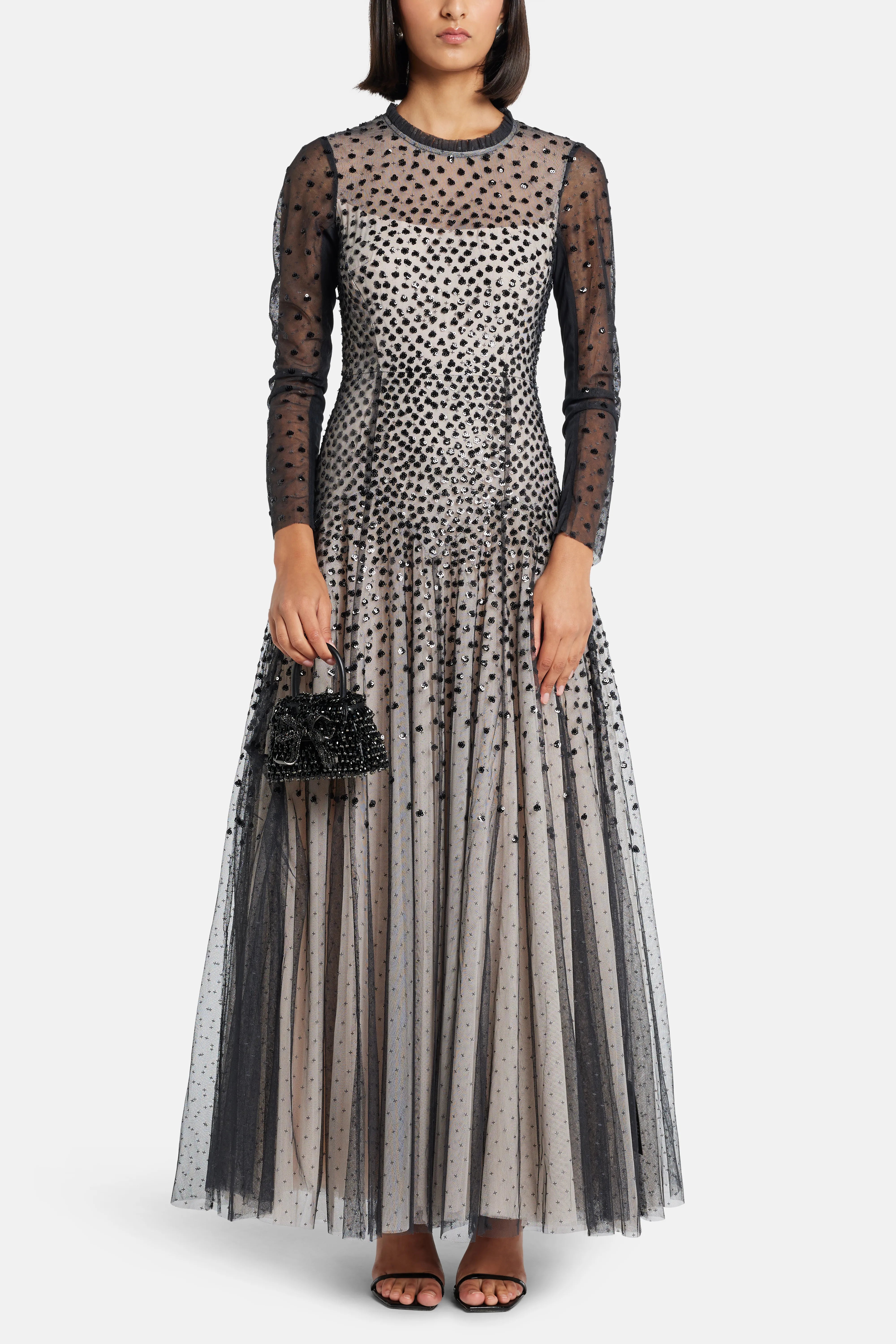 Sequin Cascade Round Neck Long Sleeves Evening Dress in Black