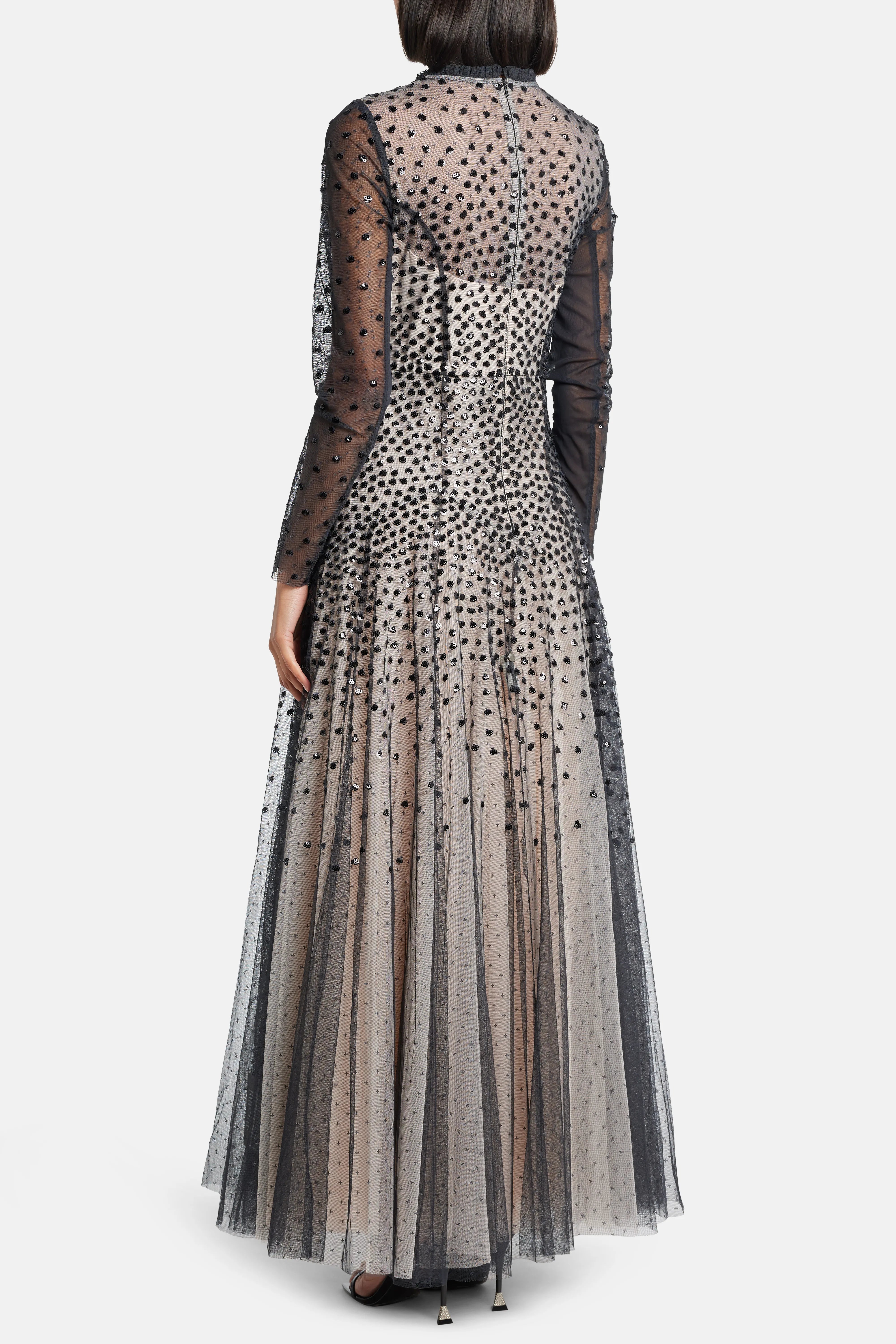 Sequin Cascade Round Neck Long Sleeves Evening Dress in Black