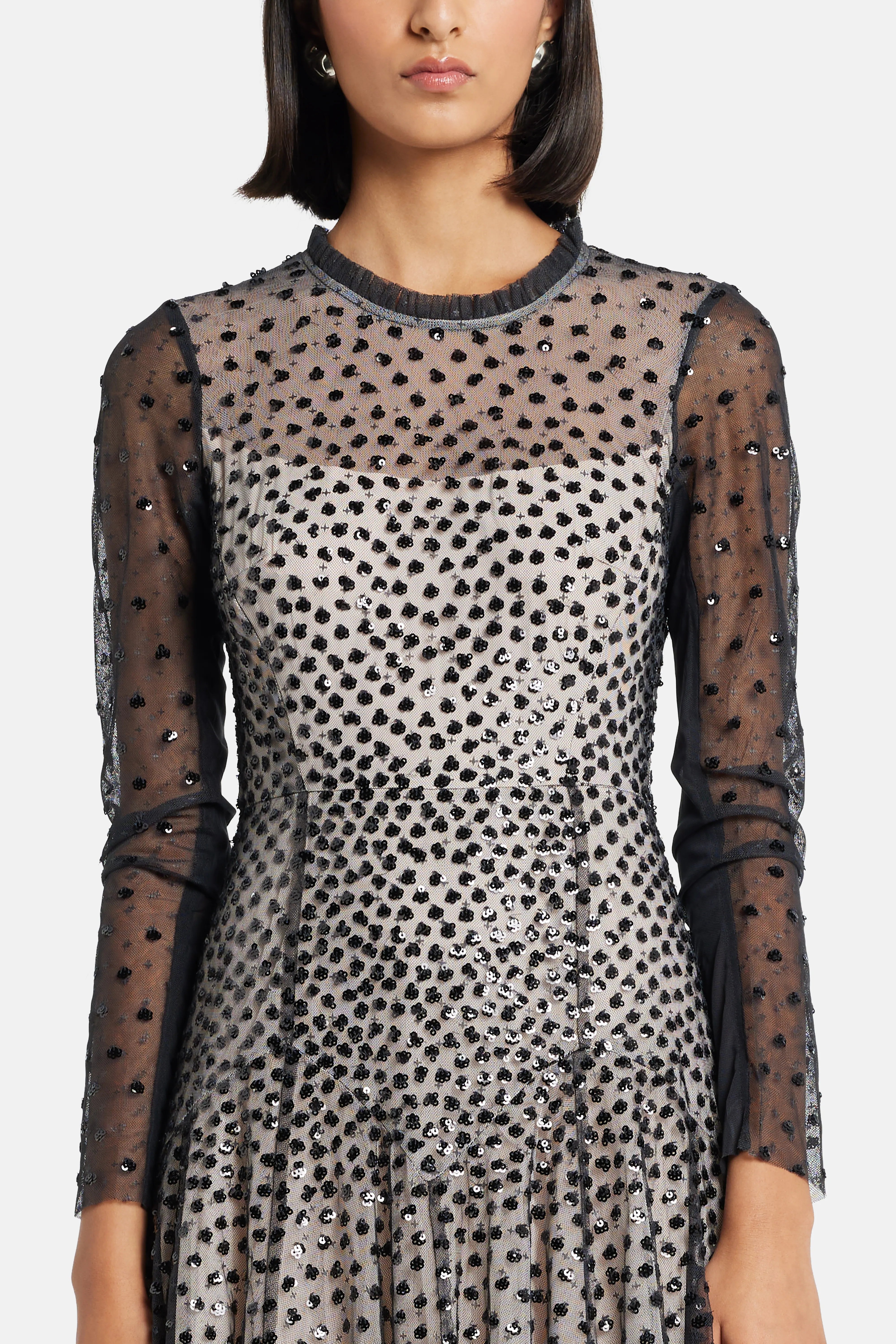 Sequin Cascade Round Neck Long Sleeves Evening Dress in Black