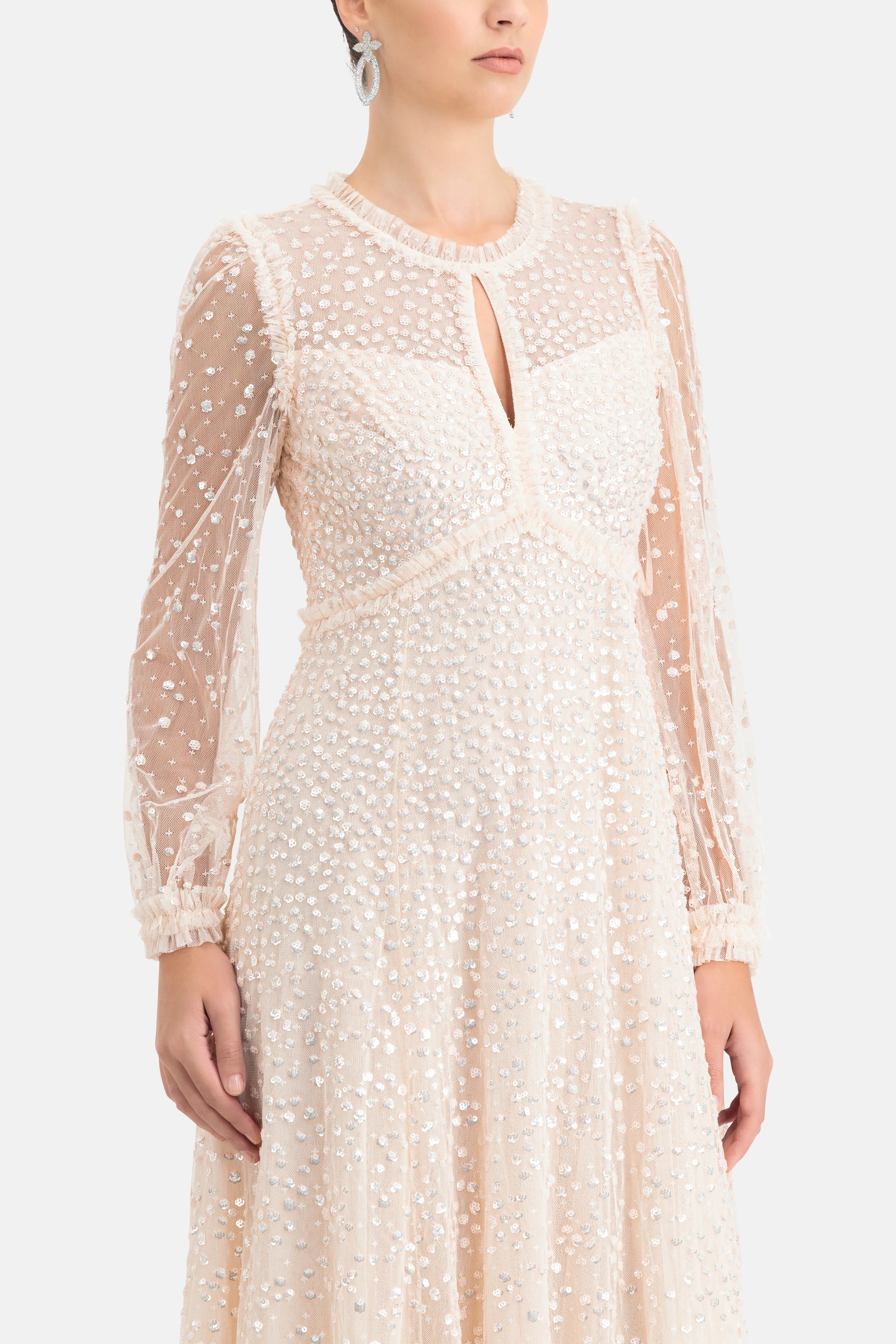 Dappled Sequin Round Neck Long Sleeves Evening Dress in Cream