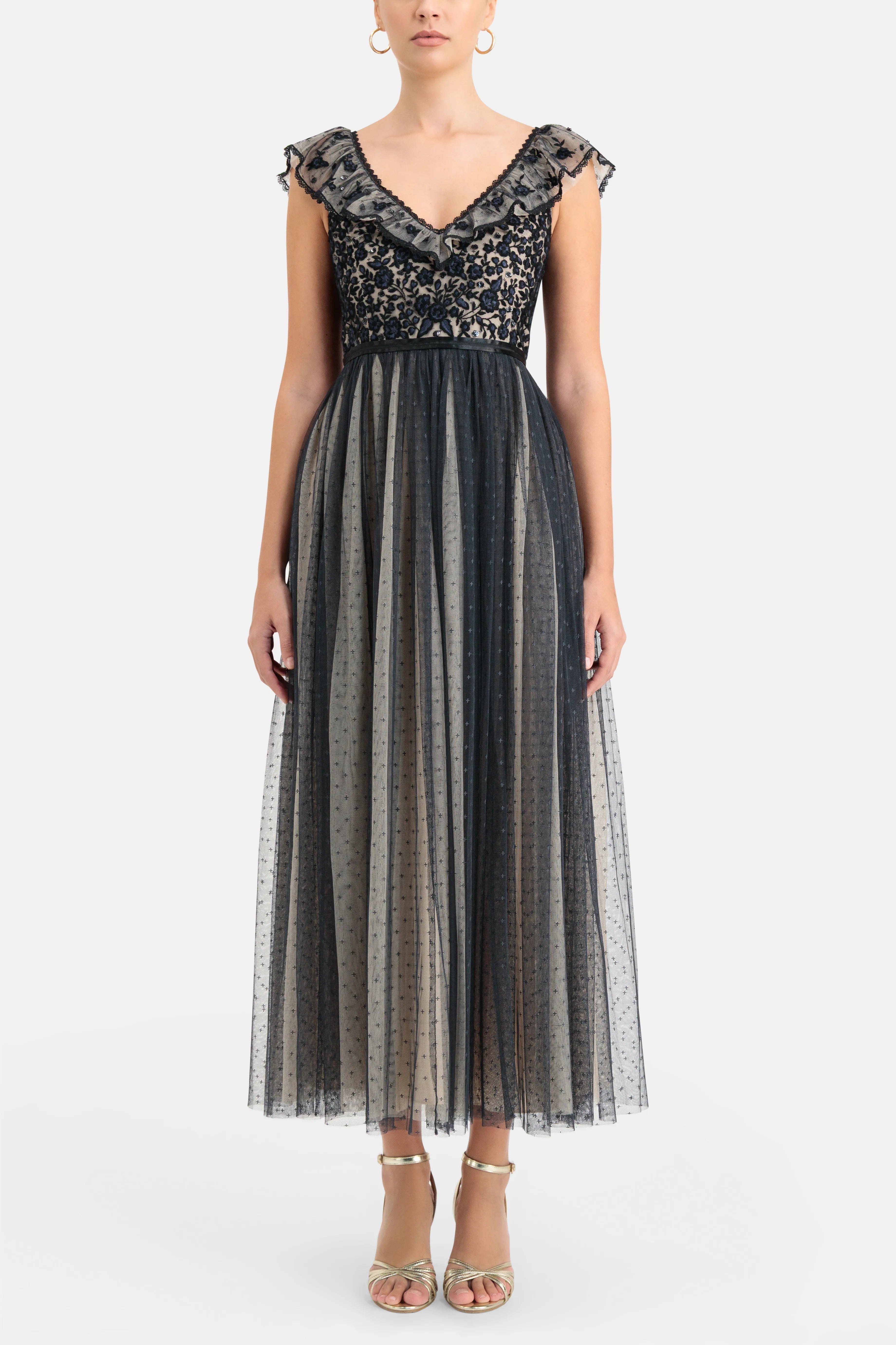 Adeline Bodice V Neck Evening Dress in Black