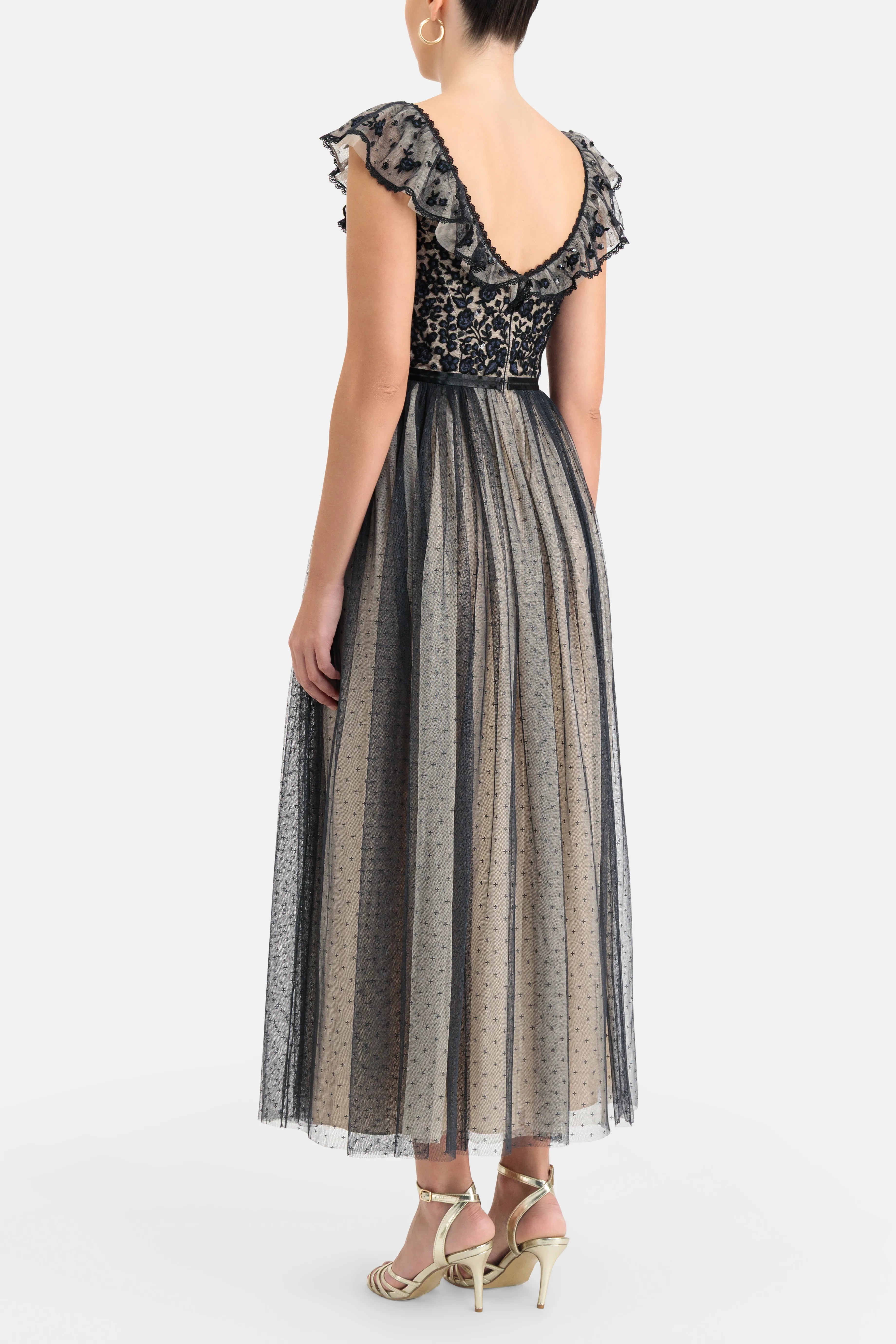Adeline Bodice V Neck Evening Dress in Black