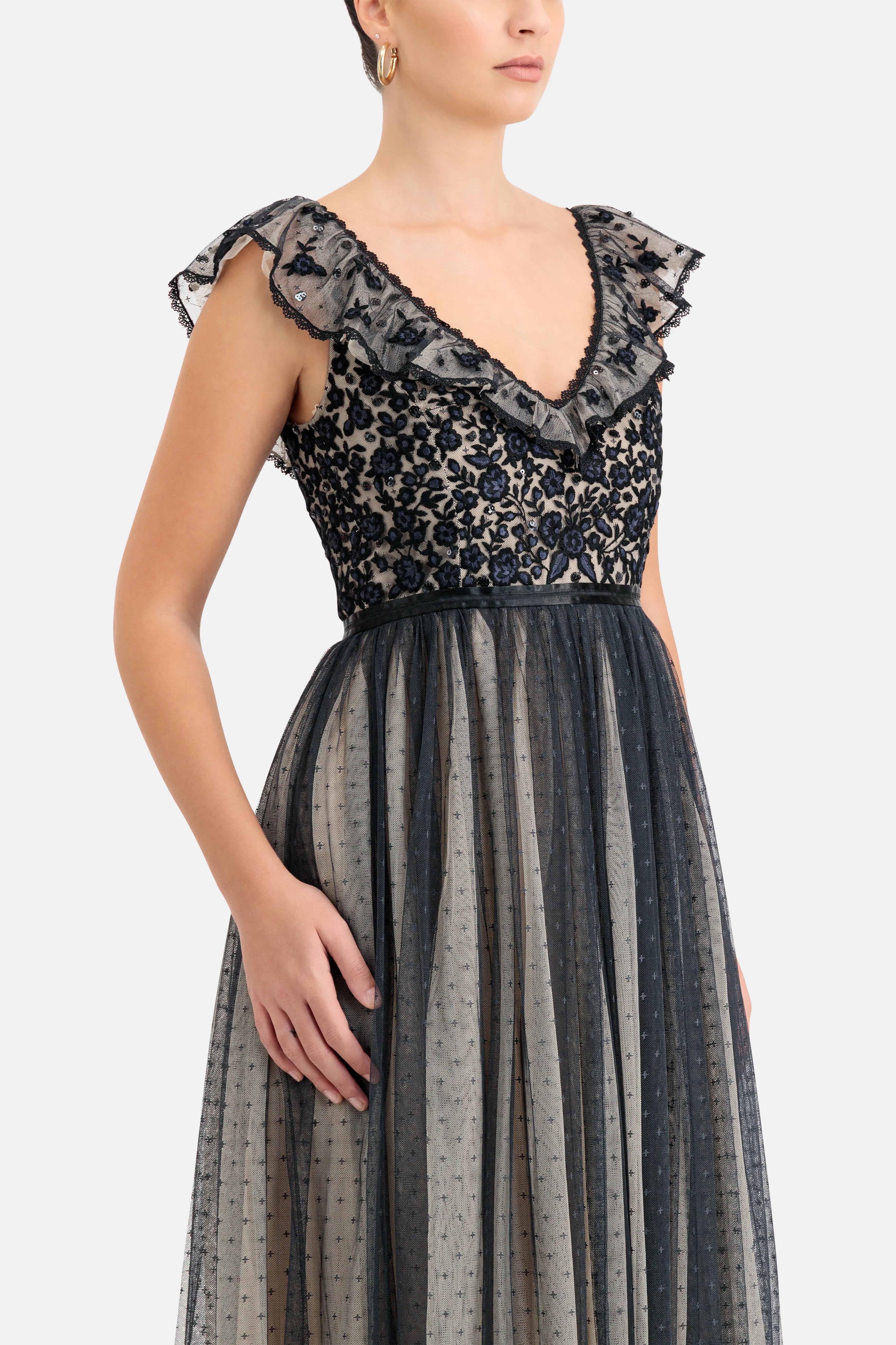 Adeline Bodice V Neck Evening Dress in Black
