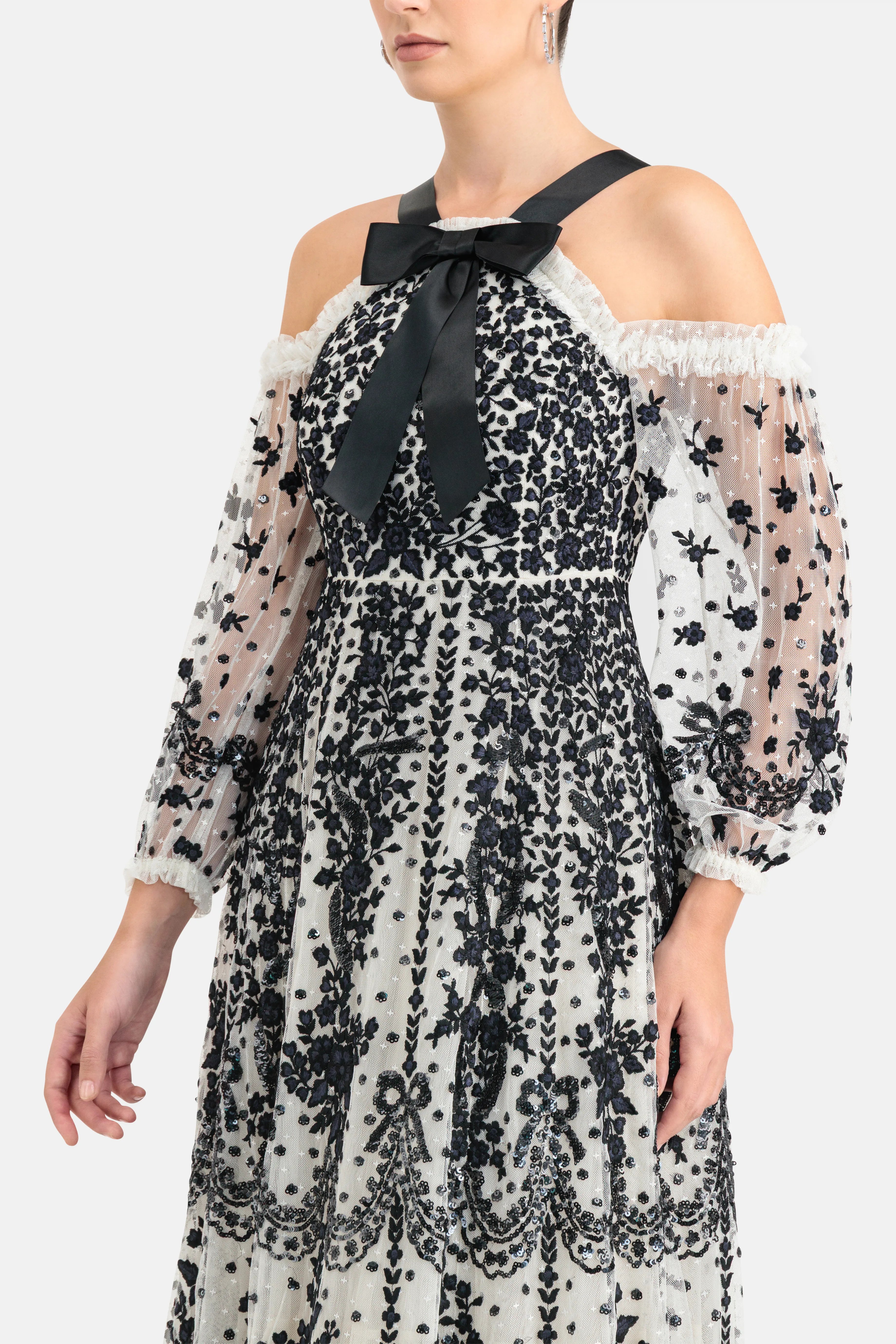 Adeline Off Shoulder Bow Neck Evening Dress in Black